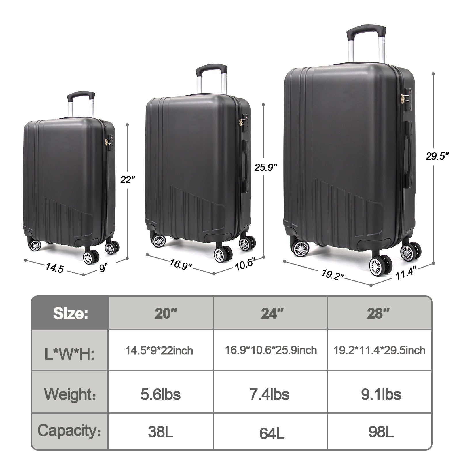 Hard Shell ABS 3 Piece Luggage Set, with TSA Lock,and 360°Rotating Wheel ,Effortless Mobility Carry on Suitcase set Men Women