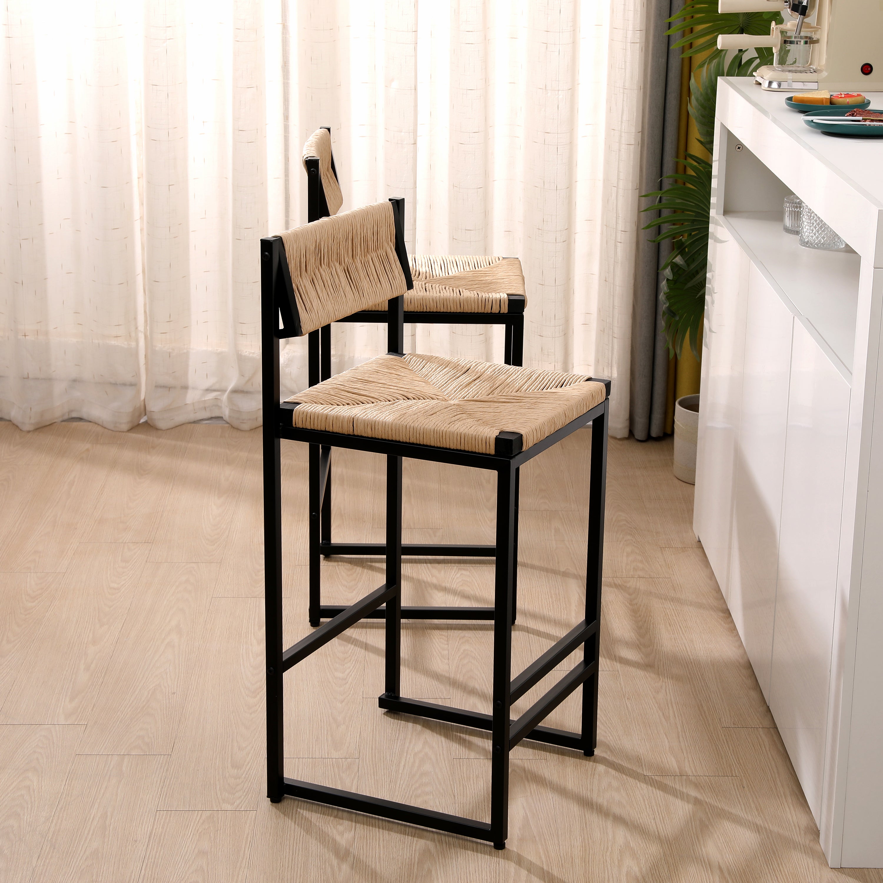 Honey Bar Stools Set of 2 Paper Rope Weave Dining Chairs (Honey)