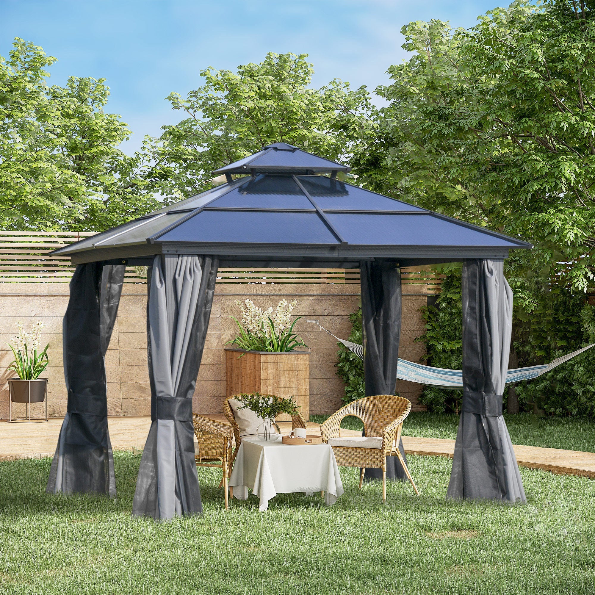 10' x 10' Hardtop Gazebo Canopy with Polycarbonate Double Roof, Permanent Pavilion Outdoor Gazebo with Netting and Curtains , Gray - Tuesday Morning - Gazebos