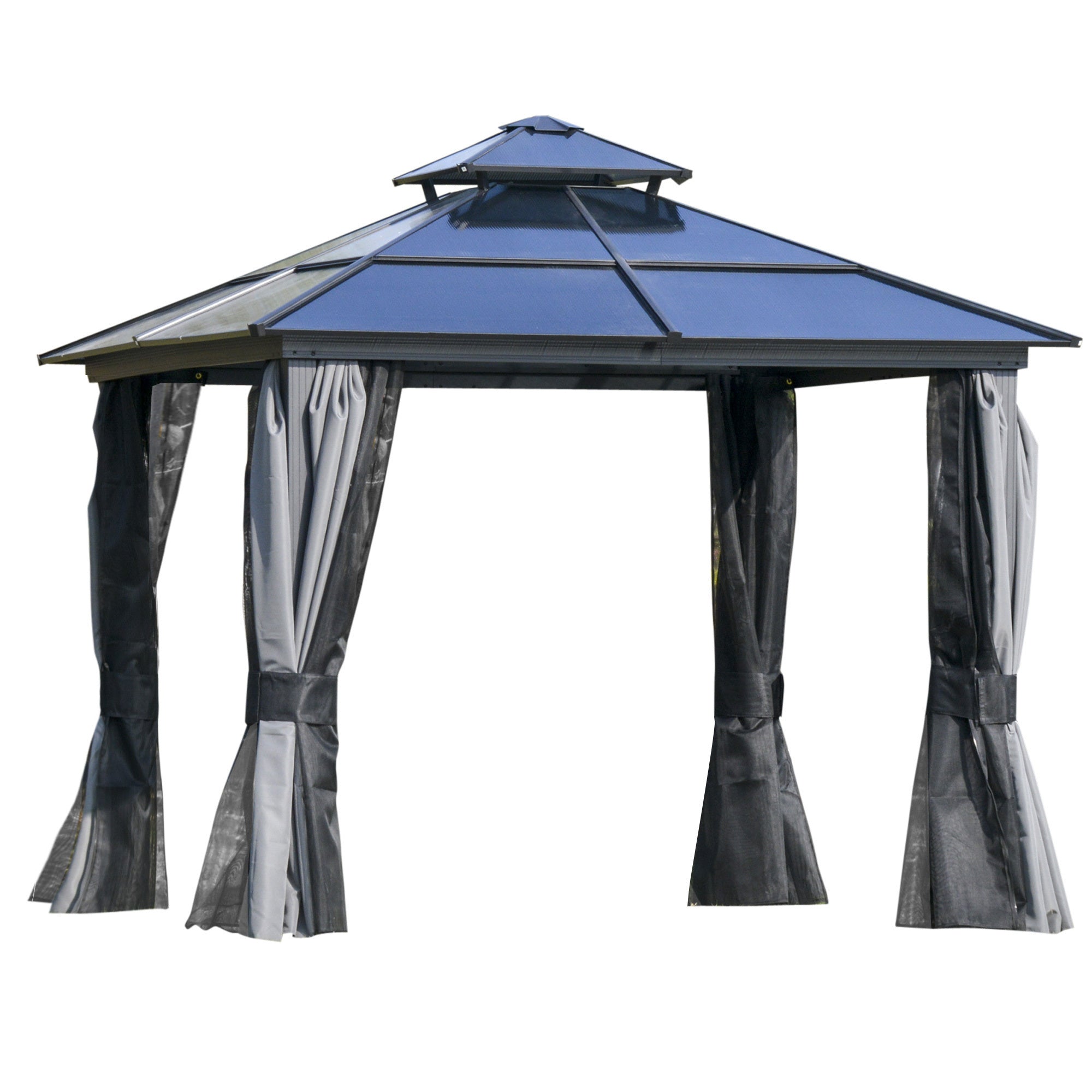 10' x 10' Hardtop Gazebo Canopy with Polycarbonate Double Roof, Permanent Pavilion Outdoor Gazebo with Netting and Curtains , Gray - Tuesday Morning - Gazebos