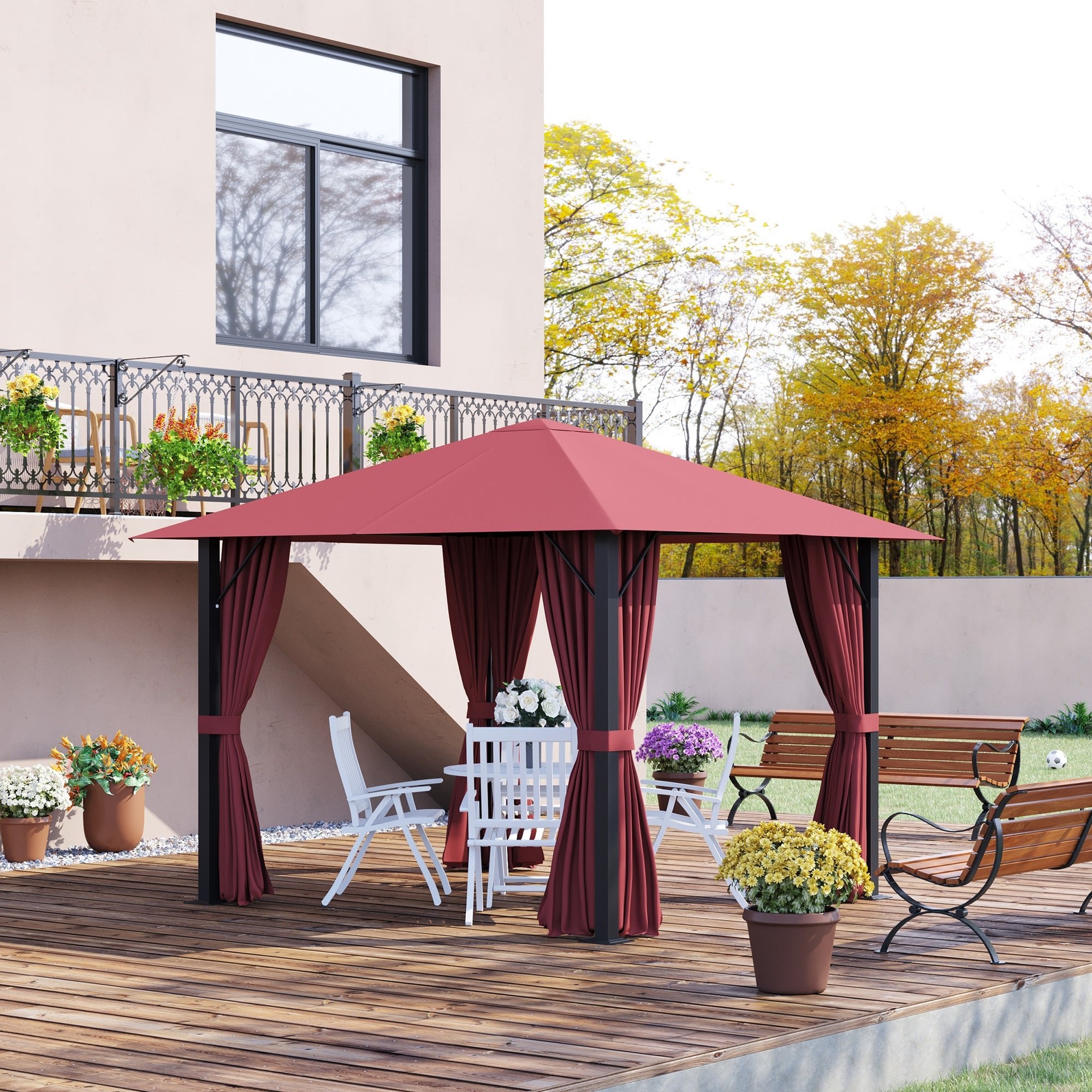 10' x 10' Patio Gazebo Aluminum Frame Outdoor Canopy Shelter with Sidewalls, Vented Roof for Garden, Wine Red - Tuesday Morning - Gazebos