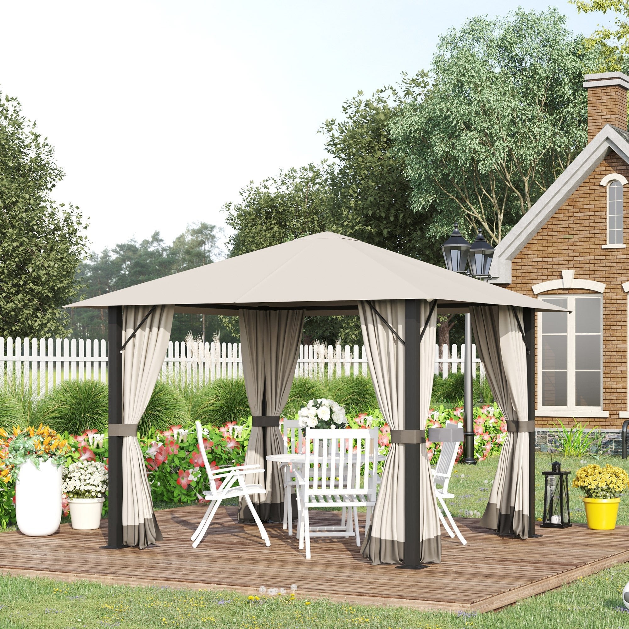 10' x 10' Patio Gazebo Aluminum Frame Outdoor Canopy Shelter with Sidewalls, Vented Roof Khaki - Tuesday Morning - Gazebos