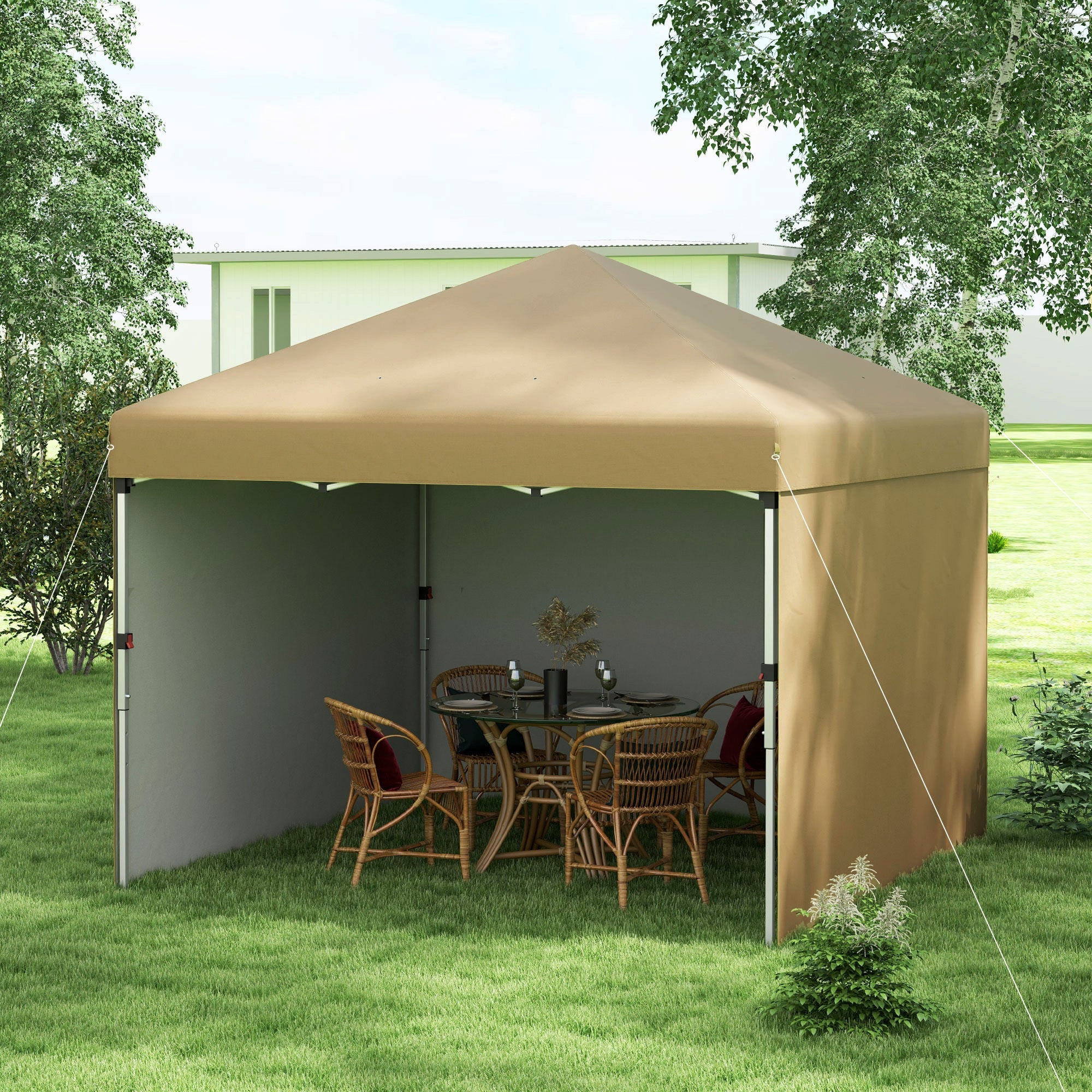 10' x 10' Pop Up Canopy Tent with 3 Sidewalls, Leg Weight Bags and Carry Bag, Height Adjustable, Beige - Tuesday Morning - Patio Umbrellas & Bases