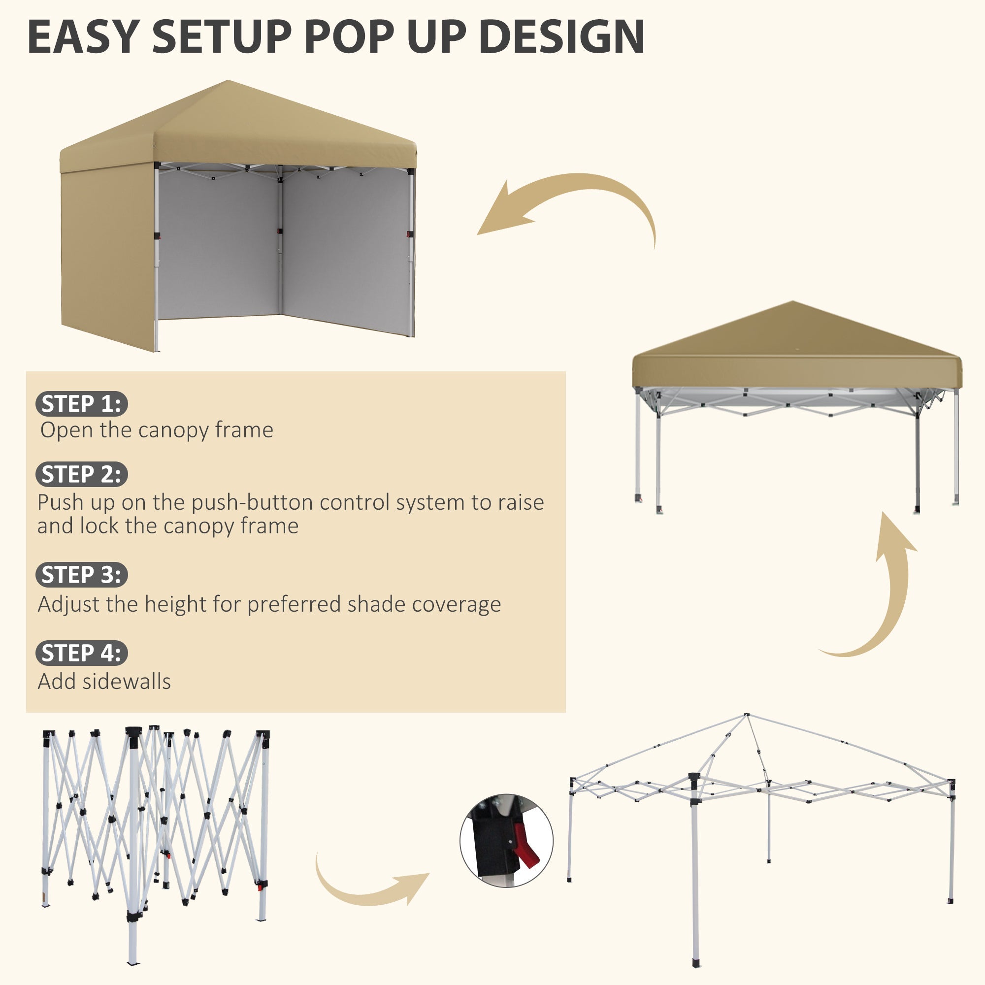 10' x 10' Pop Up Canopy Tent with 3 Sidewalls, Leg Weight Bags and Carry Bag, Height Adjustable, Beige - Tuesday Morning - Patio Umbrellas & Bases