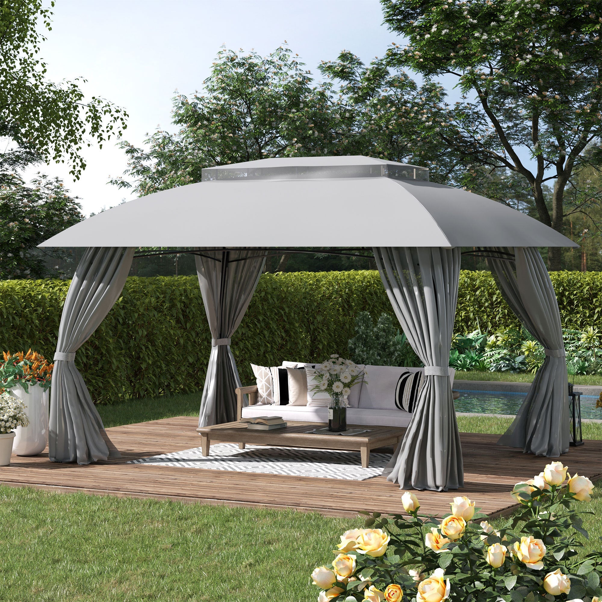 10' x 13' Patio Gazebo Canopy, Double Vented Roof, Steel Frame, Curtain Sidewalls Gray - Tuesday Morning - Gazebos