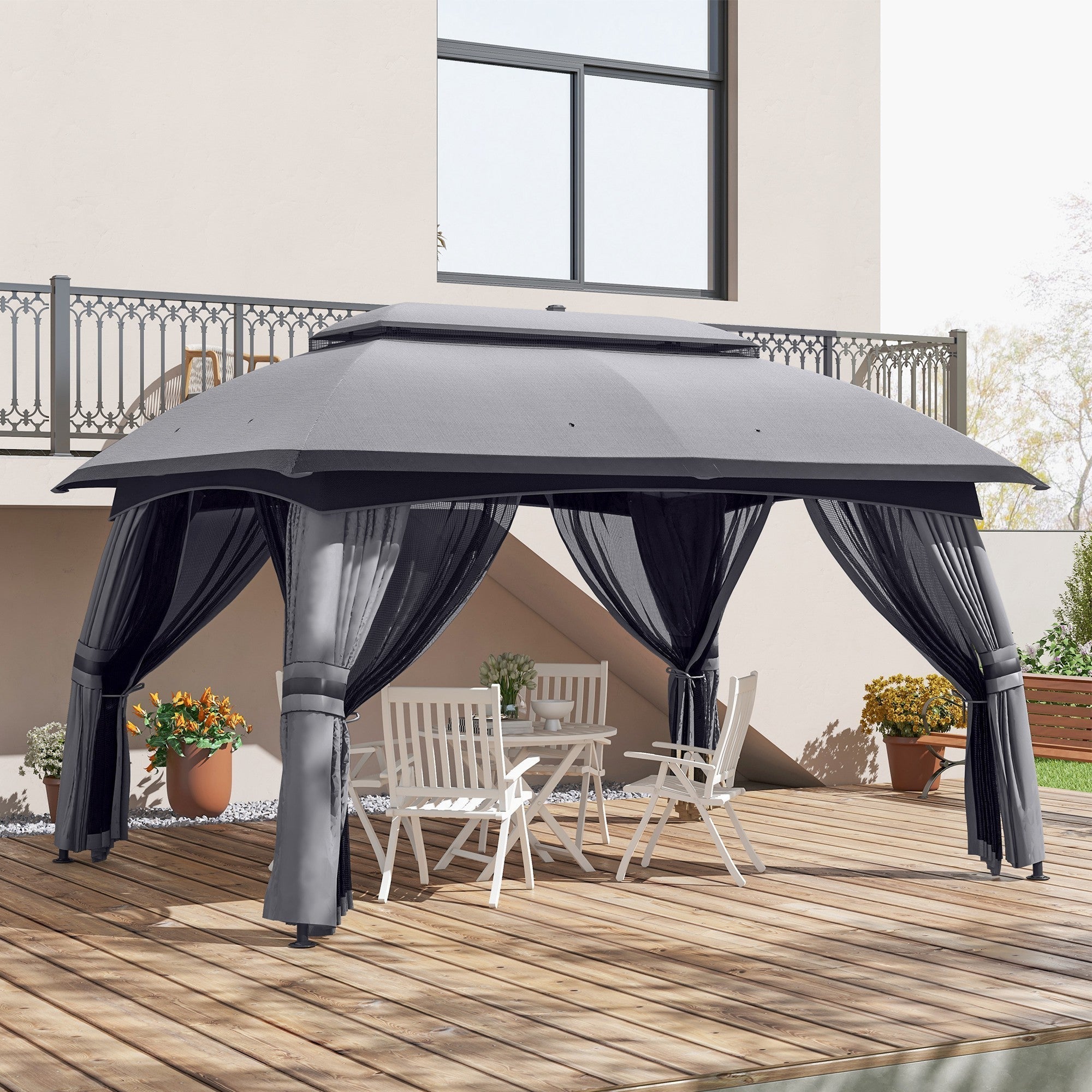 10' x 13' Patio Gazebo, Outdoor Gazebo Canopy Shelter with Netting, Vented Roof, Dark Gray - Tuesday Morning - Gazebos