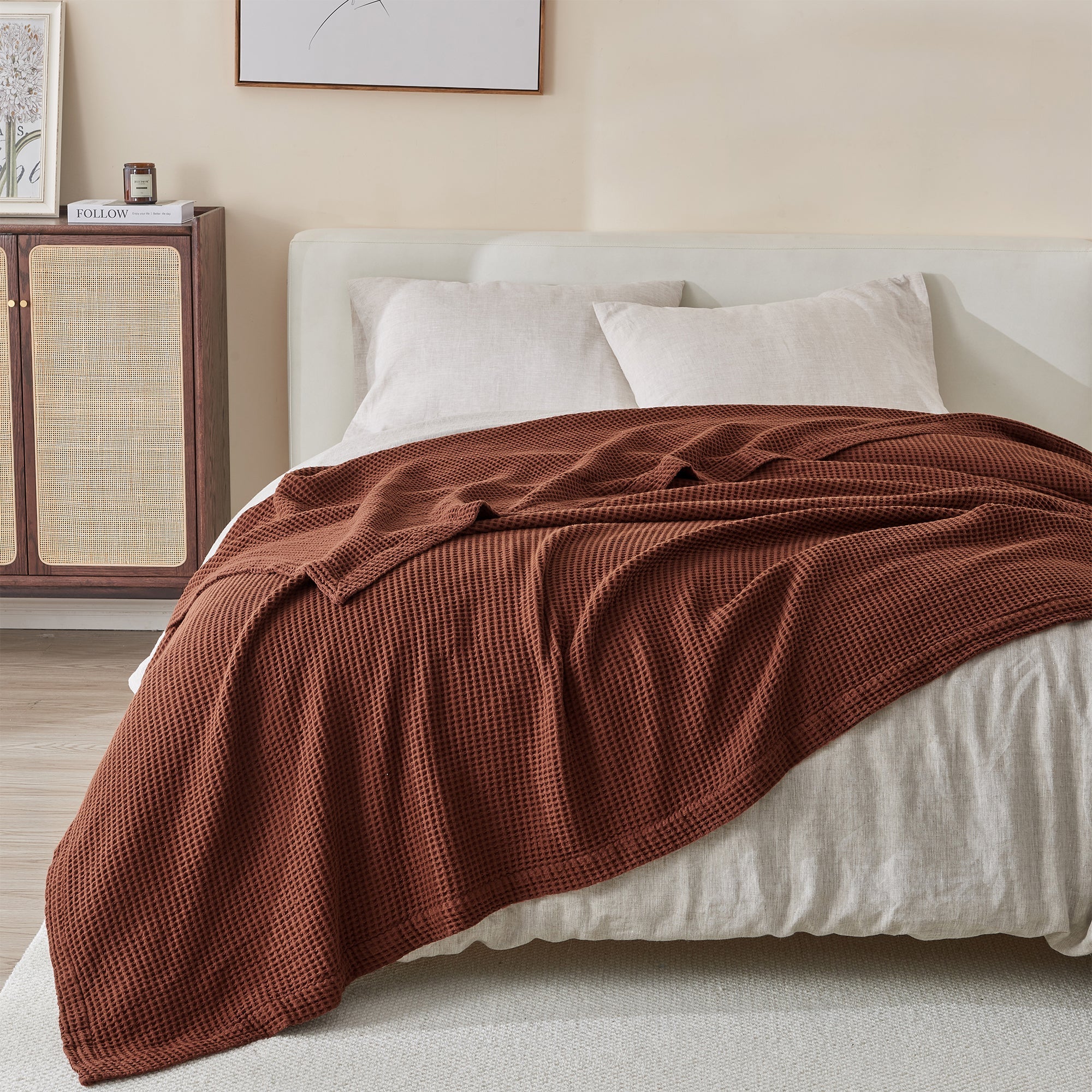 100% Cotton All - Season Lightweight Waffle Weave Knit Throw Blanket, Cacao Brown (3 Sizes Available) - Tuesday Morning - Bed Throws