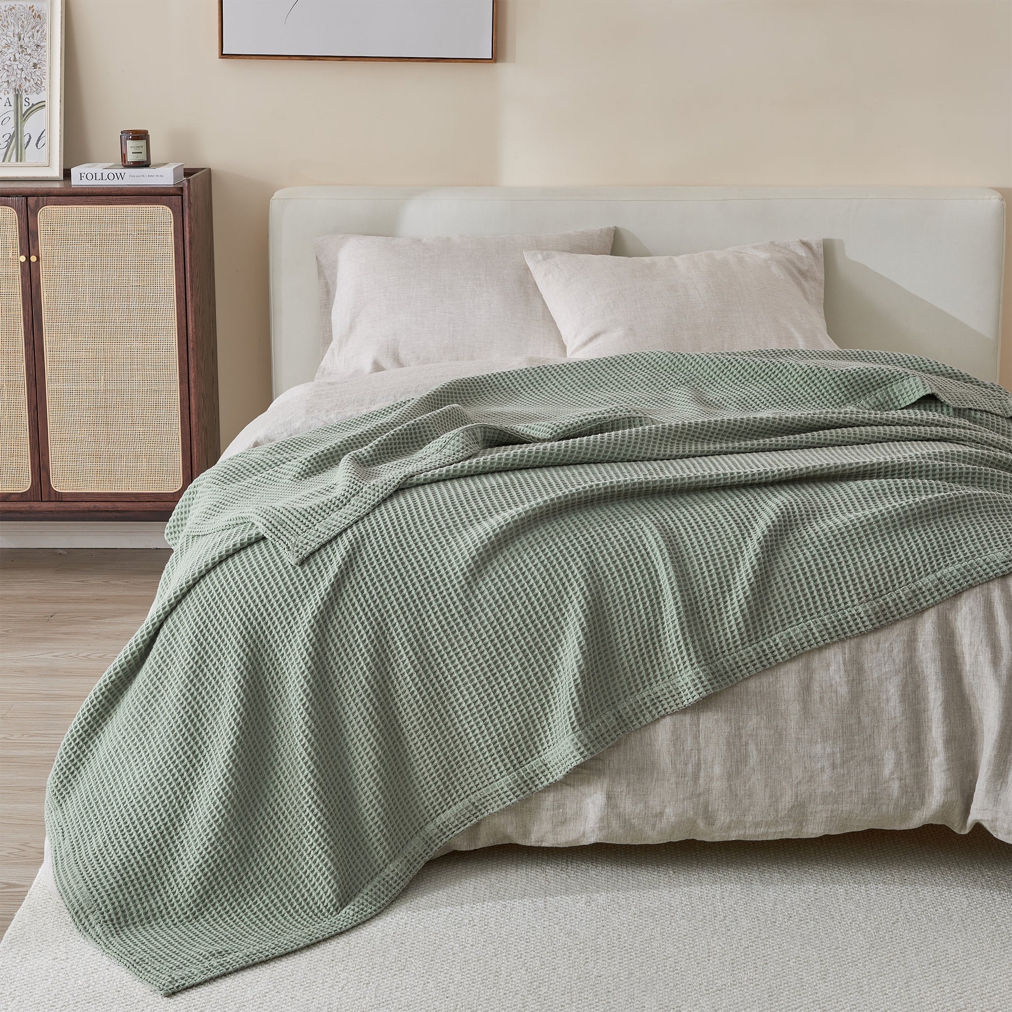 100% Cotton All - Season Lightweight Waffle Weave Knit Throw Blanket, Eucalyptus - Tuesday Morning - Bed Throws