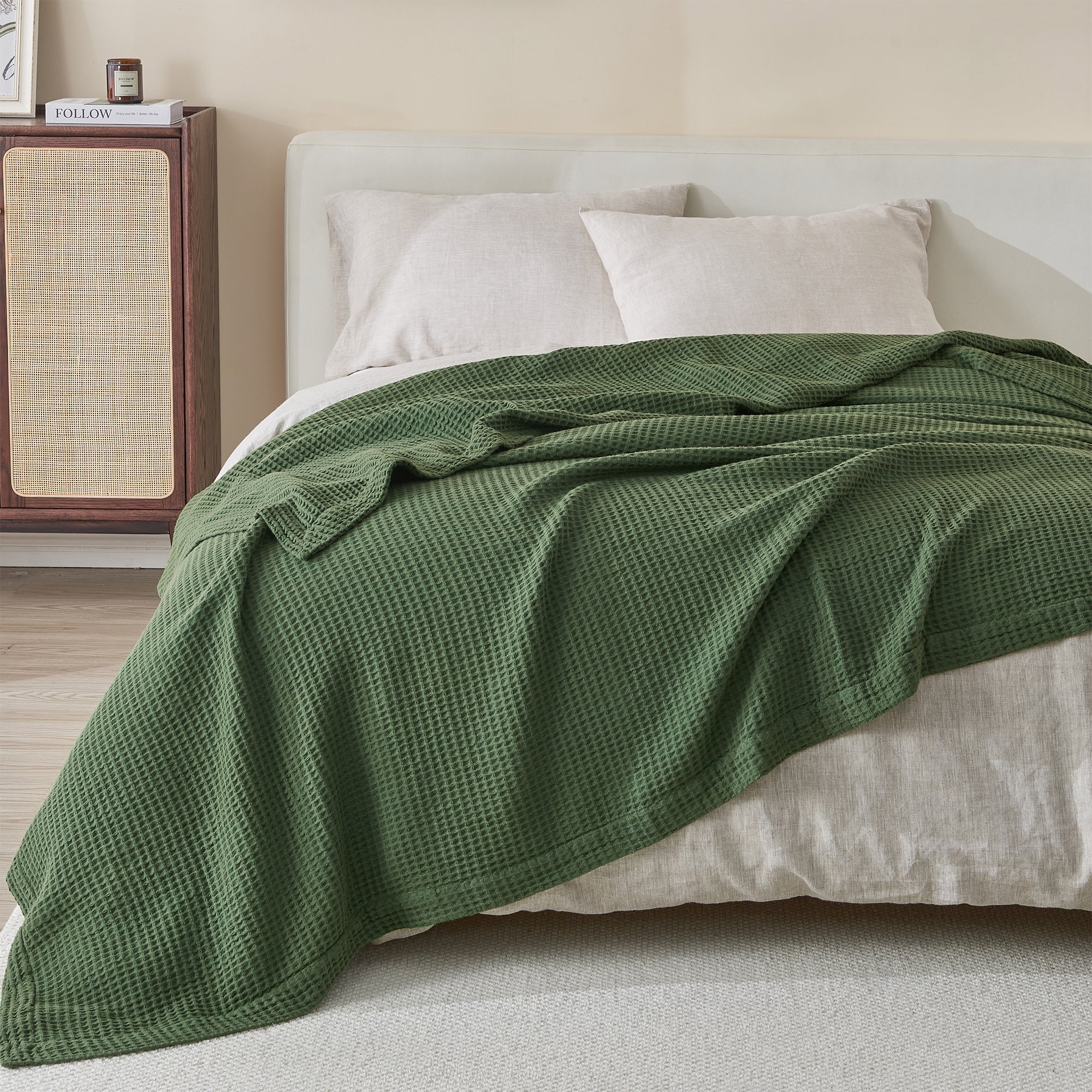 100% Cotton All - Season Lightweight Waffle Weave Knit Throw Blanket, Forest Green - Tuesday Morning - Bed Throws