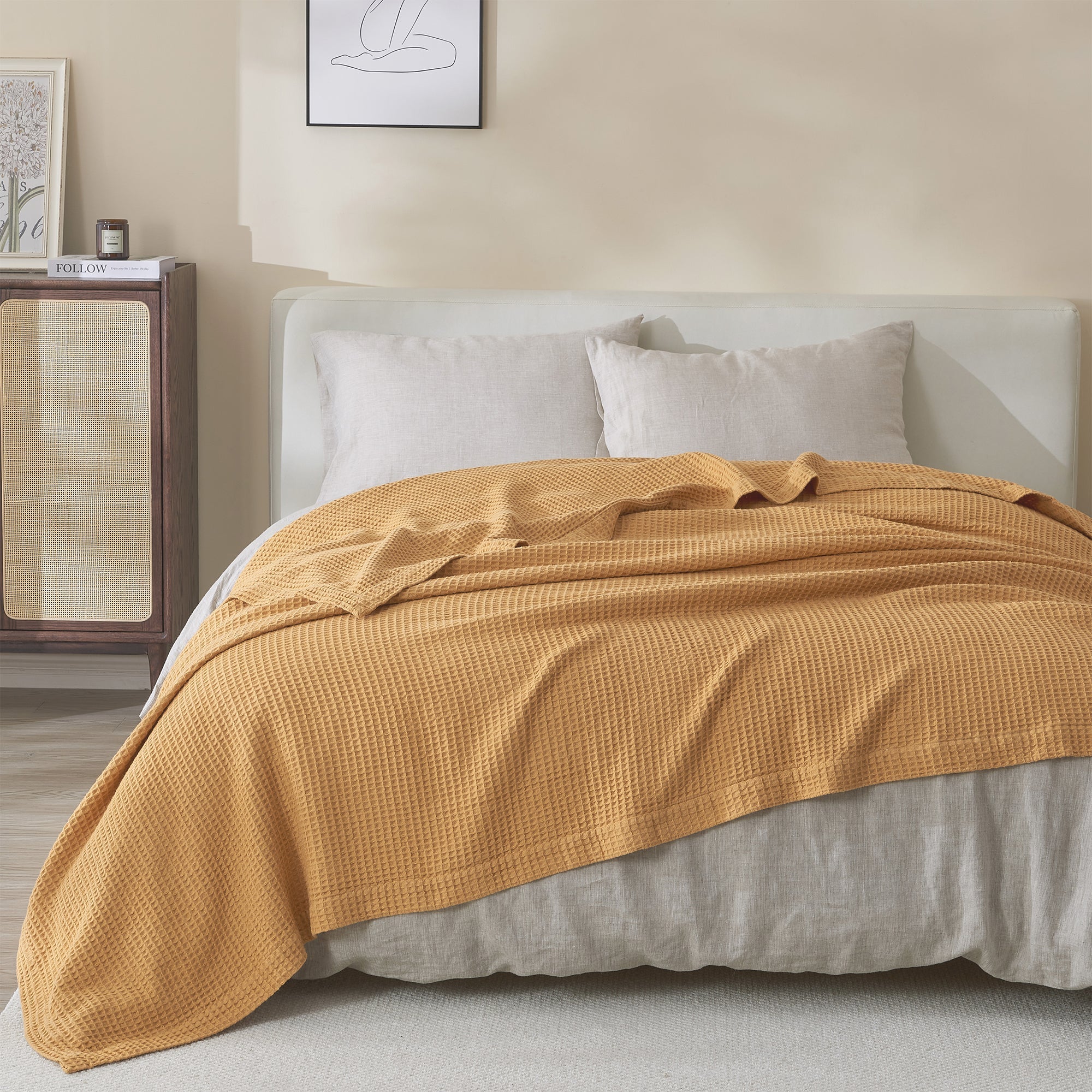 100% Cotton All - Season Lightweight Waffle Weave Knit Throw Blanket, Marigold - Tuesday Morning - Bed Throws