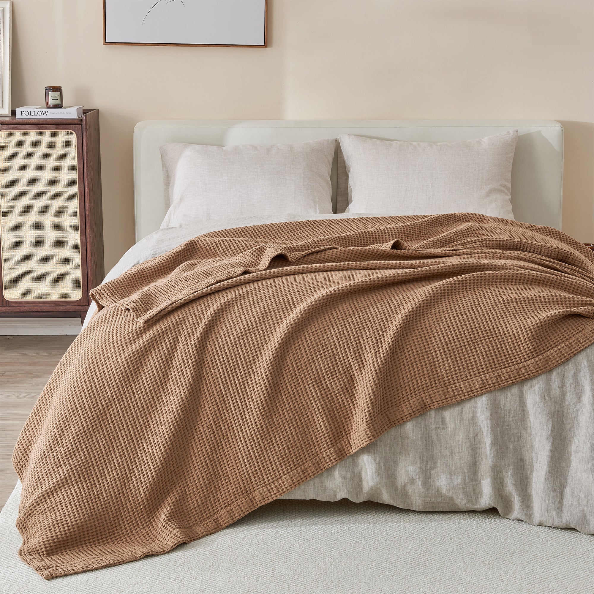 100% Cotton All - Season Lightweight Waffle Weave Knit Throw Blanket, Toffee - Tuesday Morning - Bed Throws