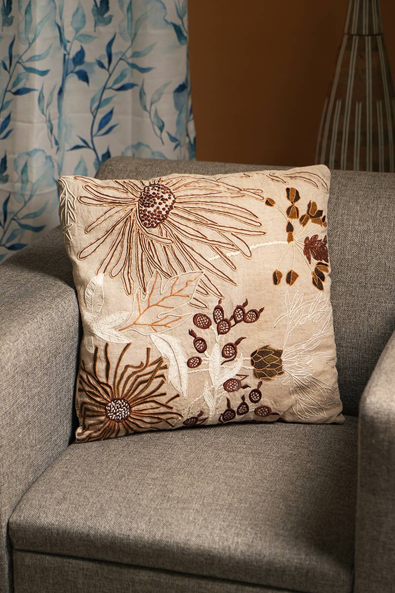 100% Linen Embroidery Cushion Beige, Brown - Tuesday Morning - decorative pillows