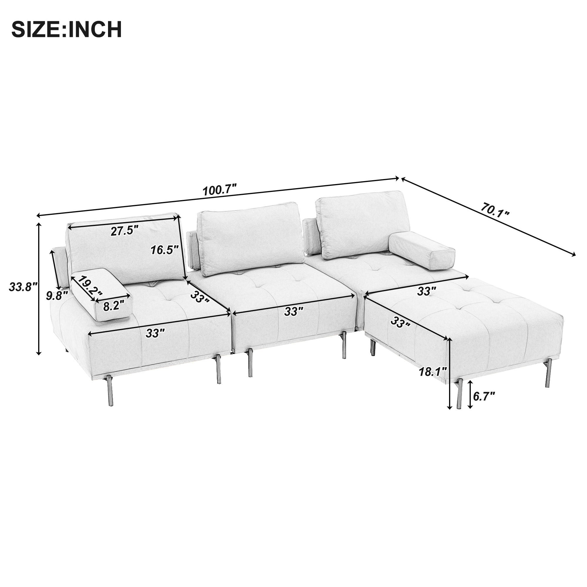 100.7'' L - Shape Sectional Sofa 3 - Seater Couches with a Removable Ottoman, Beige - Tuesday Morning - Sofas & Sectionals