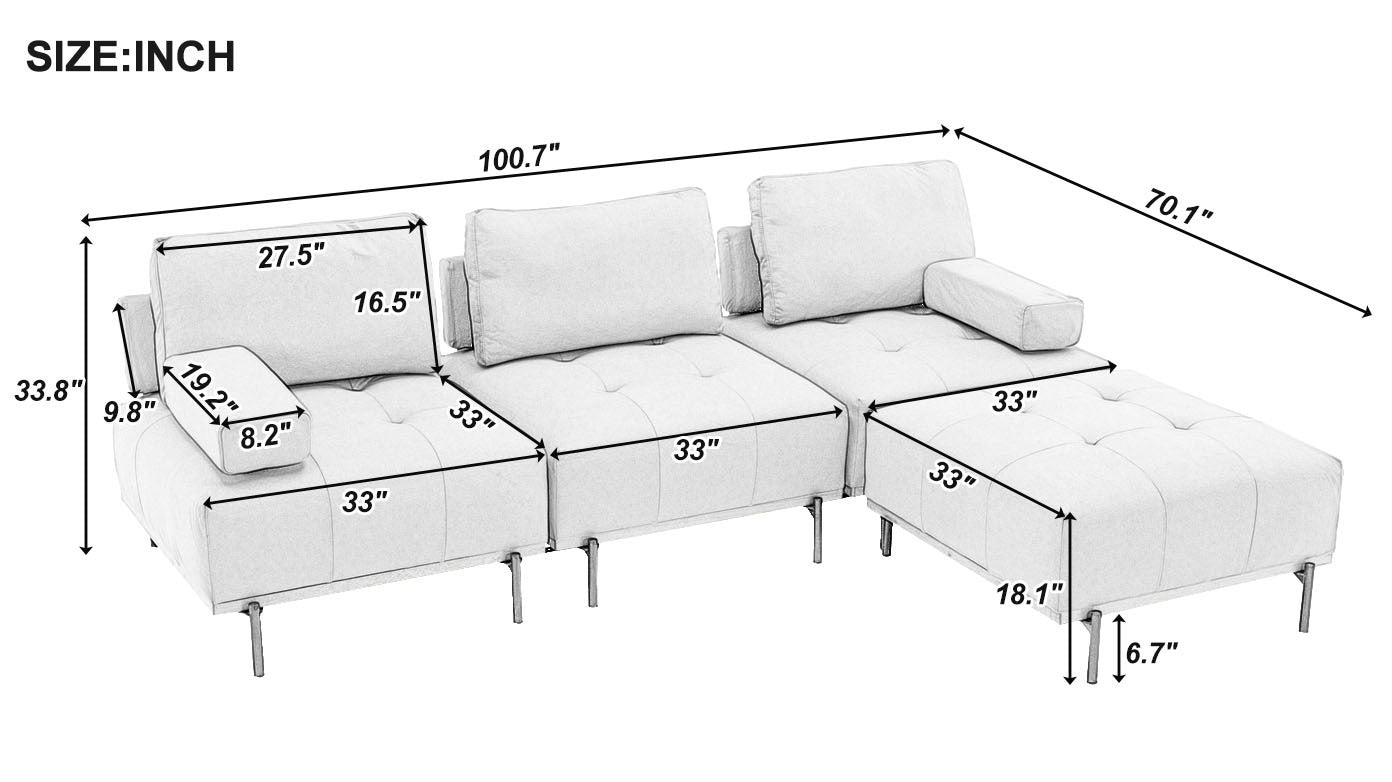 100.7'' L - Shape Sectional Sofa 3 - Seater Couches with a Removable Ottoman, Comfortable Fabric for Living Room, Apartment, Grey - Tuesday Morning - Sofas & Sectionals