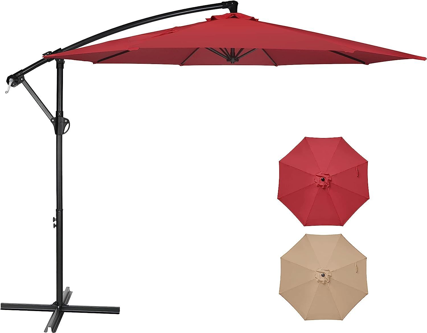 10ft Offset Umbrella Cantilever Patio Hanging Umbrella Outdoor Market Umbrella with Crank & Cross Base , Red - Tuesday Morning - Patio Umbrellas & Bases