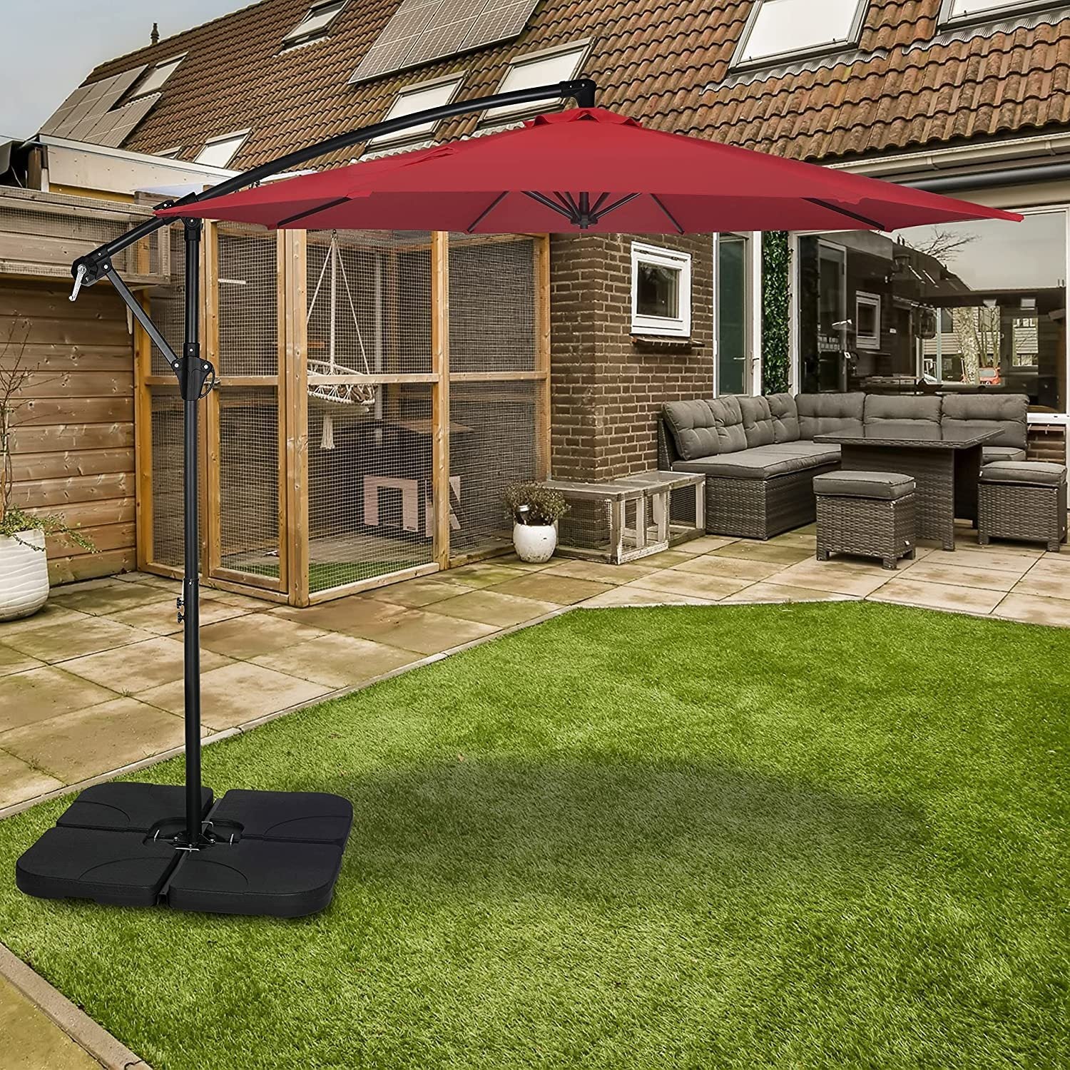 10ft Offset Umbrella Cantilever Patio Hanging Umbrella Outdoor Market Umbrella with Crank & Cross Base , Red - Tuesday Morning - Patio Umbrellas & Bases