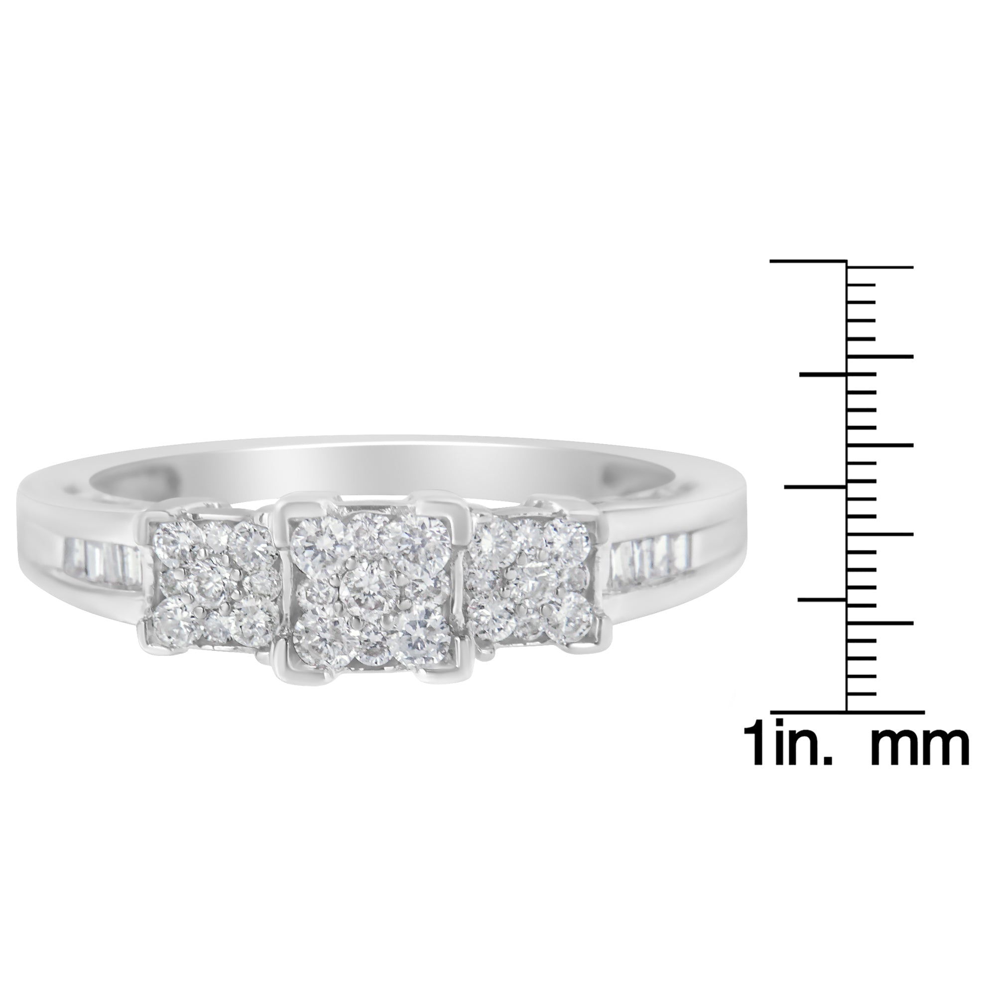 10K White Gold 1/2 Cttw Brilliant & Baguette Cut Diamond 3 Stone Design with 3 Square Clusters Engagement Ring (H - I Color, SI2 - I1 Clarity) - Tuesday Morning - Engagement Rings