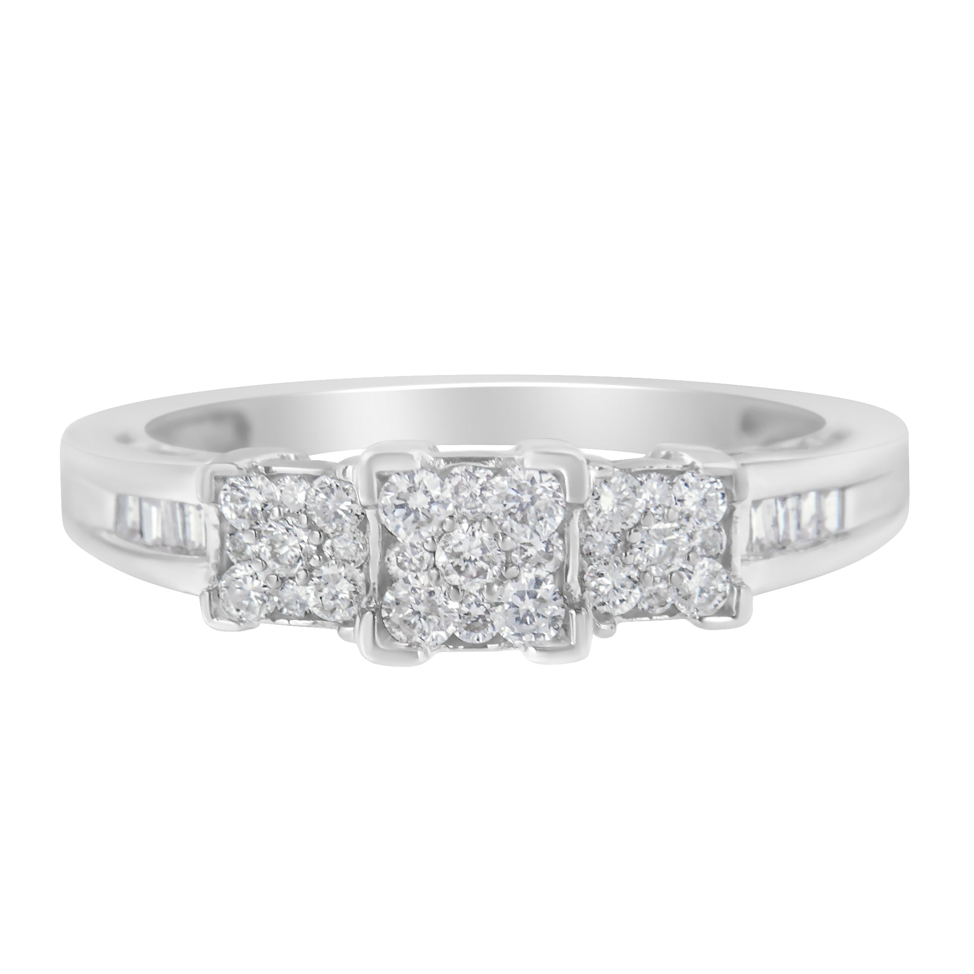 10K White Gold 1/2 Cttw Brilliant & Baguette Cut Diamond 3 Stone Design with 3 Square Clusters Engagement Ring (H - I Color, SI2 - I1 Clarity) - Tuesday Morning - Engagement Rings