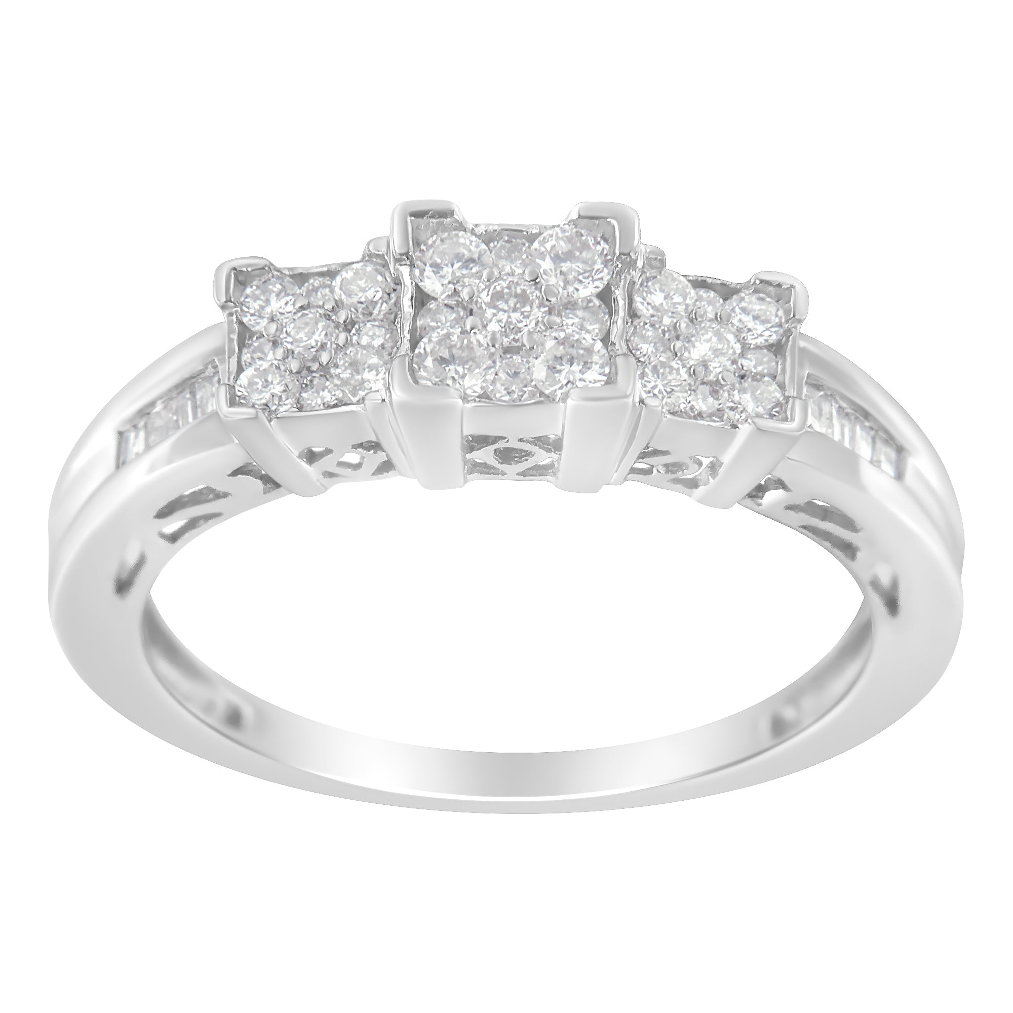 10K White Gold 1/2 Cttw Brilliant & Baguette Cut Diamond 3 Stone Design with 3 Square Clusters Engagement Ring (H - I Color, SI2 - I1 Clarity) - Tuesday Morning - Engagement Rings