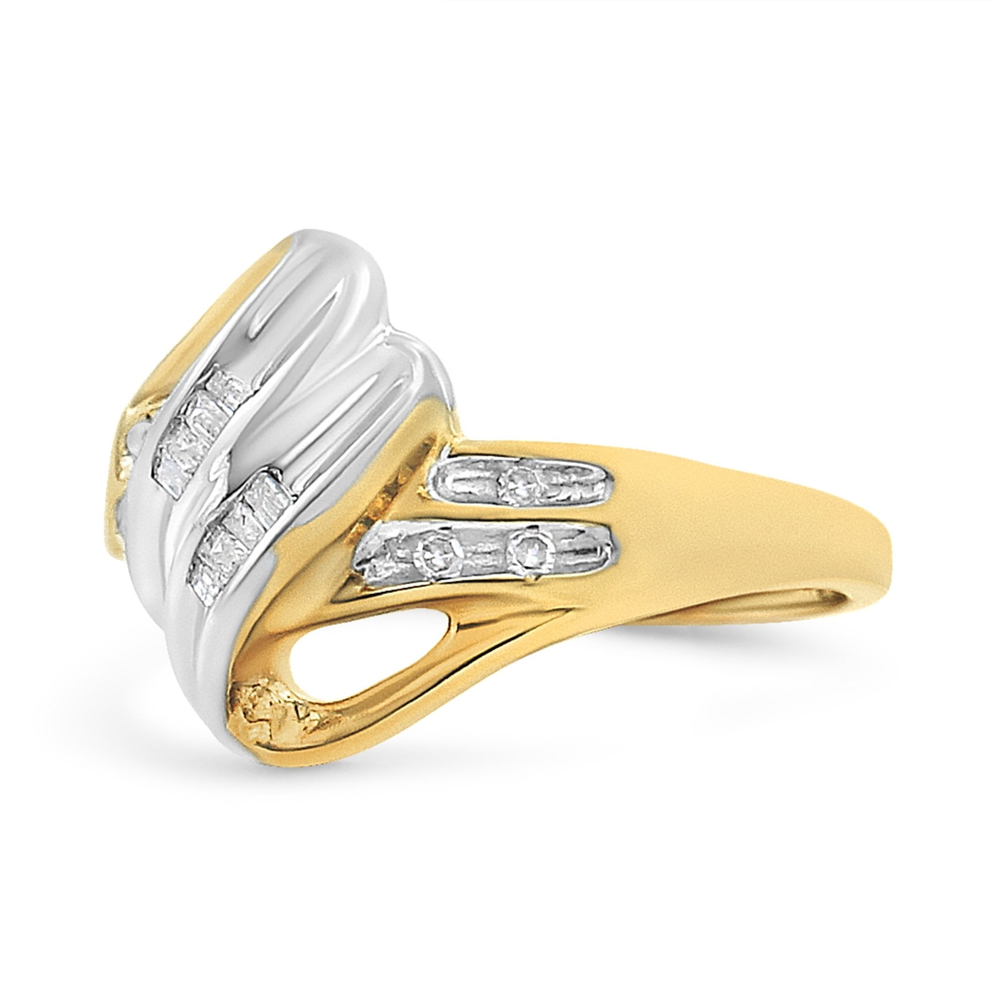 10K Yellow and White Gold 1.00 Cttw Round And Baguette - Cut Diamond Accent Bypass Ring (H - I Color, I2 - I3 Clarity) - Tuesday Morning - Rings