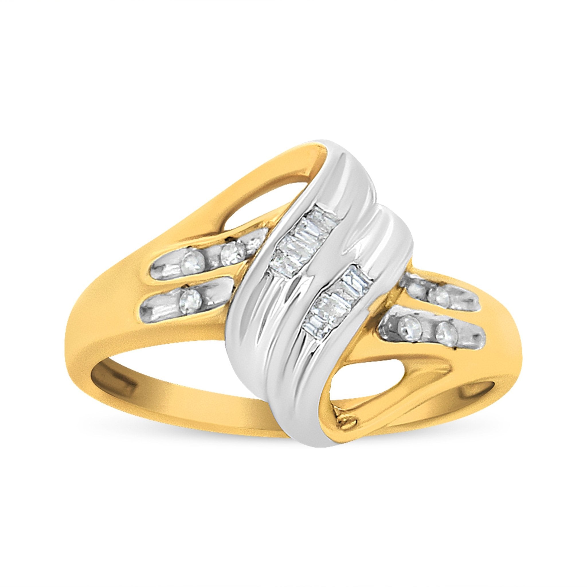 10K Yellow and White Gold 1.00 Cttw Round And Baguette - Cut Diamond Accent Bypass Ring (H - I Color, I2 - I3 Clarity) - Tuesday Morning - Rings