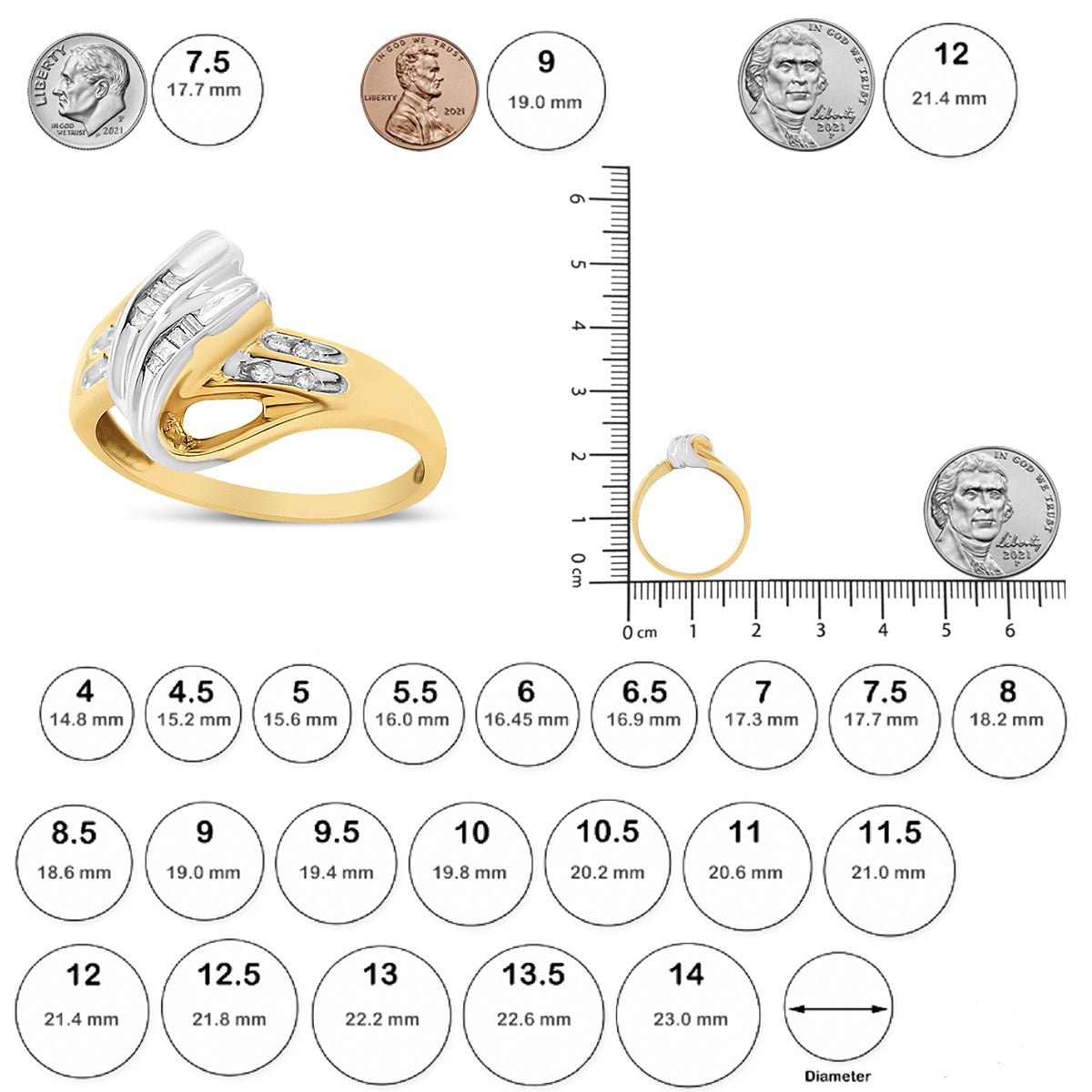 10K Yellow and White Gold 1.00 Cttw Round And Baguette - Cut Diamond Accent Bypass Ring (H - I Color, I2 - I3 Clarity) - Tuesday Morning - Rings