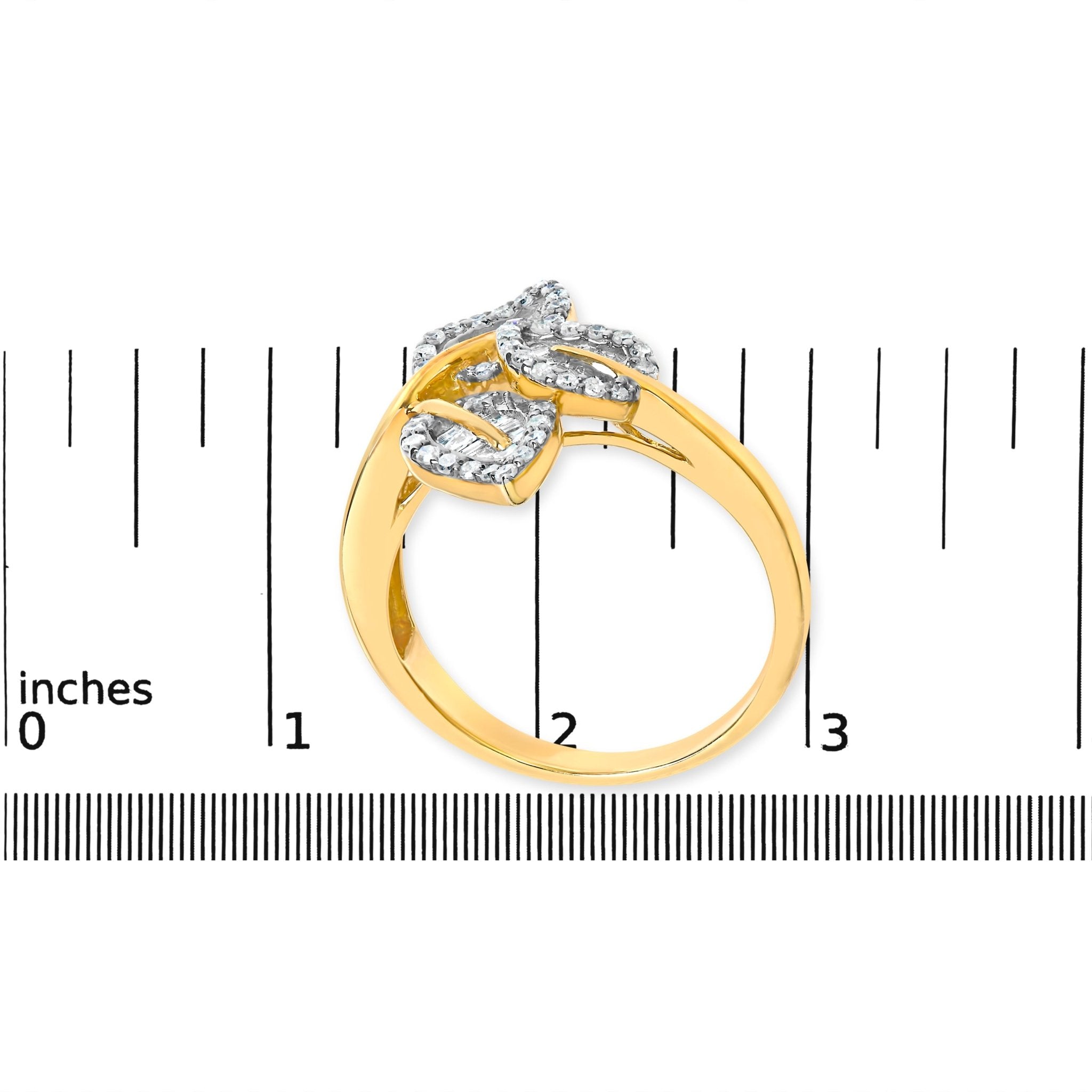 10k Yellow and White Gold 1/2 Cttw Baguette and Round Diamond Bypass Triple Leaf Ring (I - J Color, I1 - I2 Clarity) - Tuesday Morning - Rings