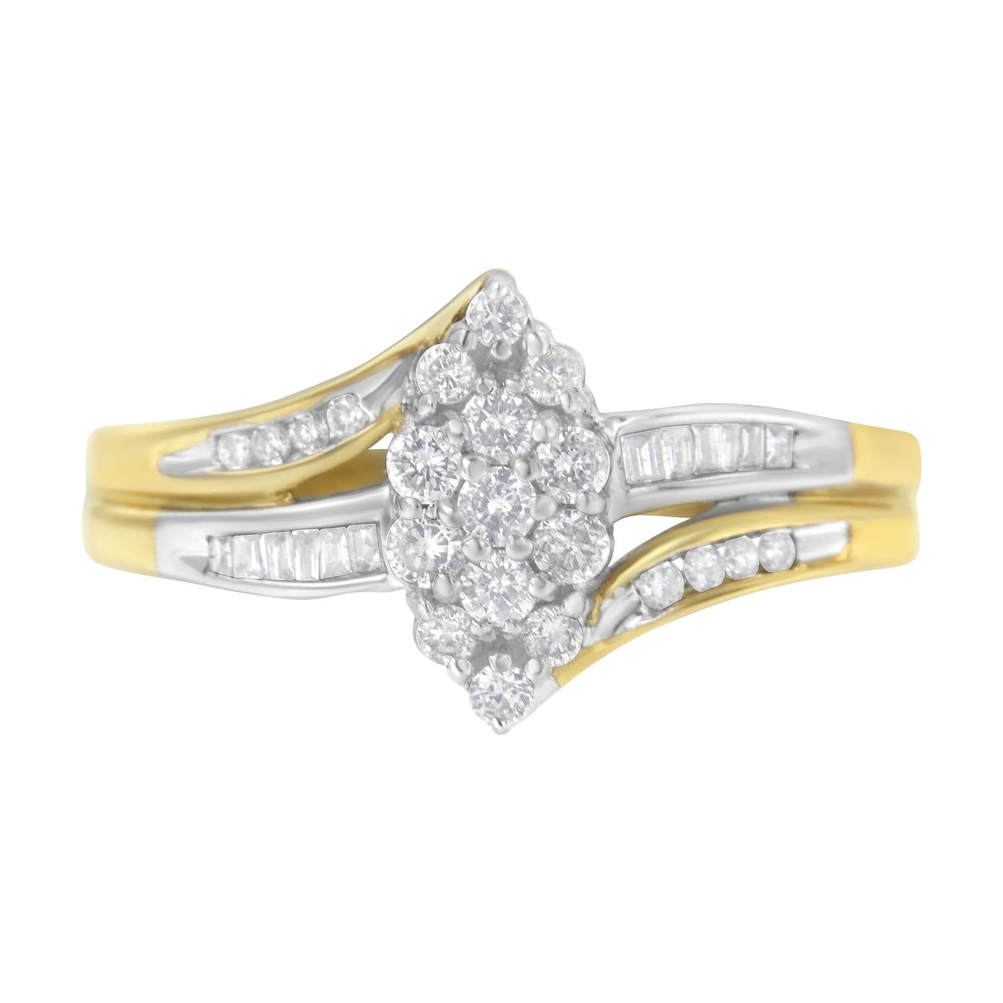 10K Yellow and White Gold 1/2 Cttw Diamond Marquise Shaped Cluster Split Shank Ring (H - I Color, SI2 - I1 Clarity) - Tuesday Morning - Rings