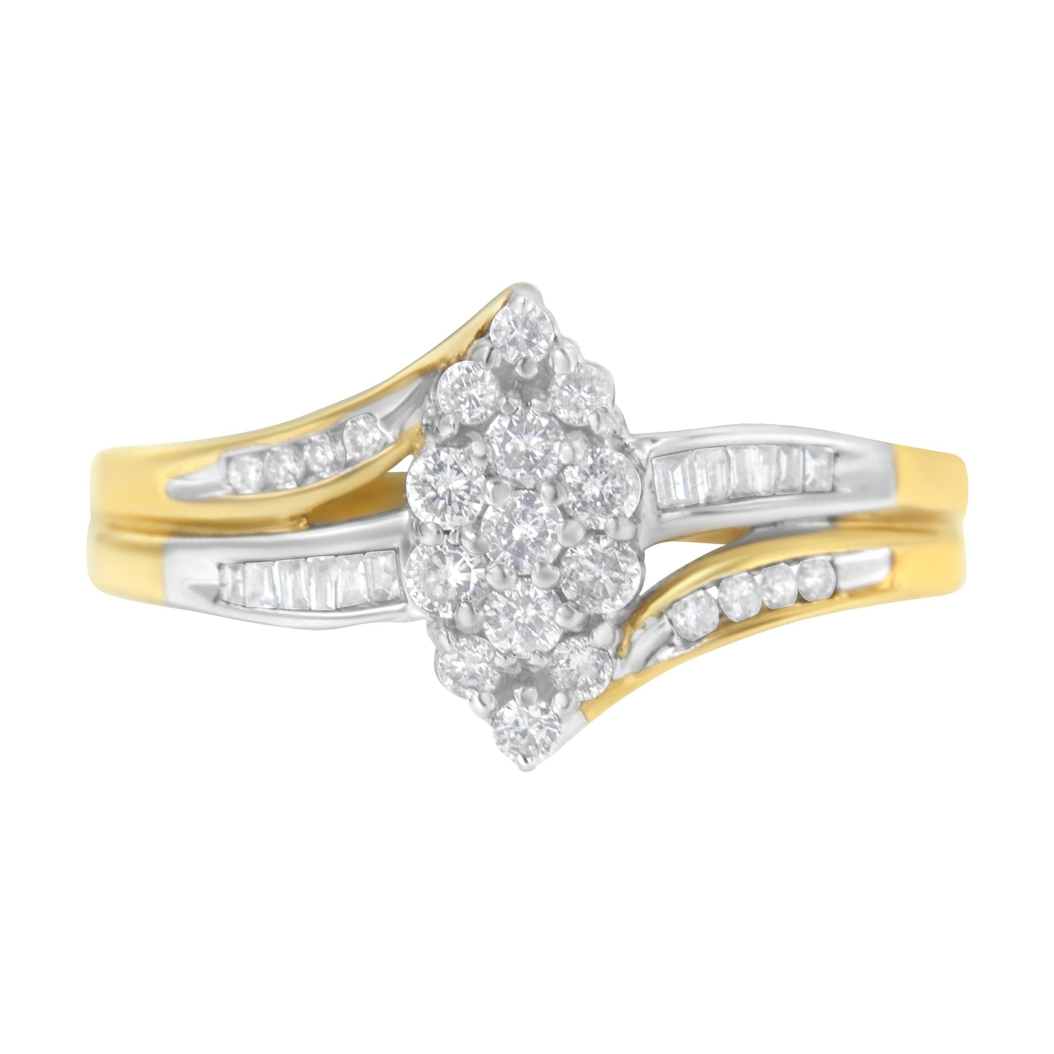 10K Yellow and White Gold 1/2 Cttw Diamond Marquise Shaped Cluster Split Shank Ring (H - I Color, SI2 - I1 Clarity) - Tuesday Morning - Rings