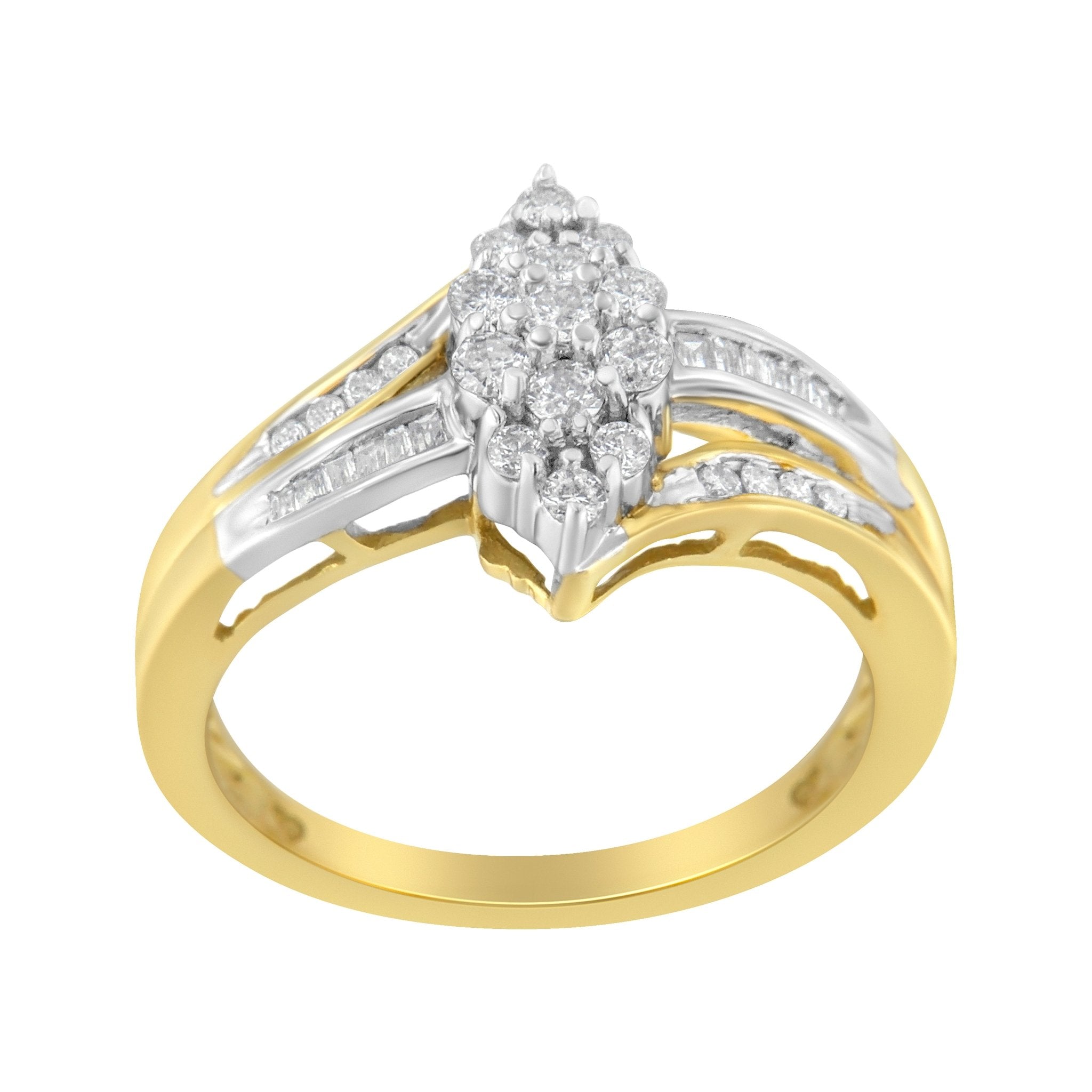 10K Yellow and White Gold 1/2 Cttw Diamond Marquise Shaped Cluster Split Shank Ring (H - I Color, SI2 - I1 Clarity) - Tuesday Morning - Rings