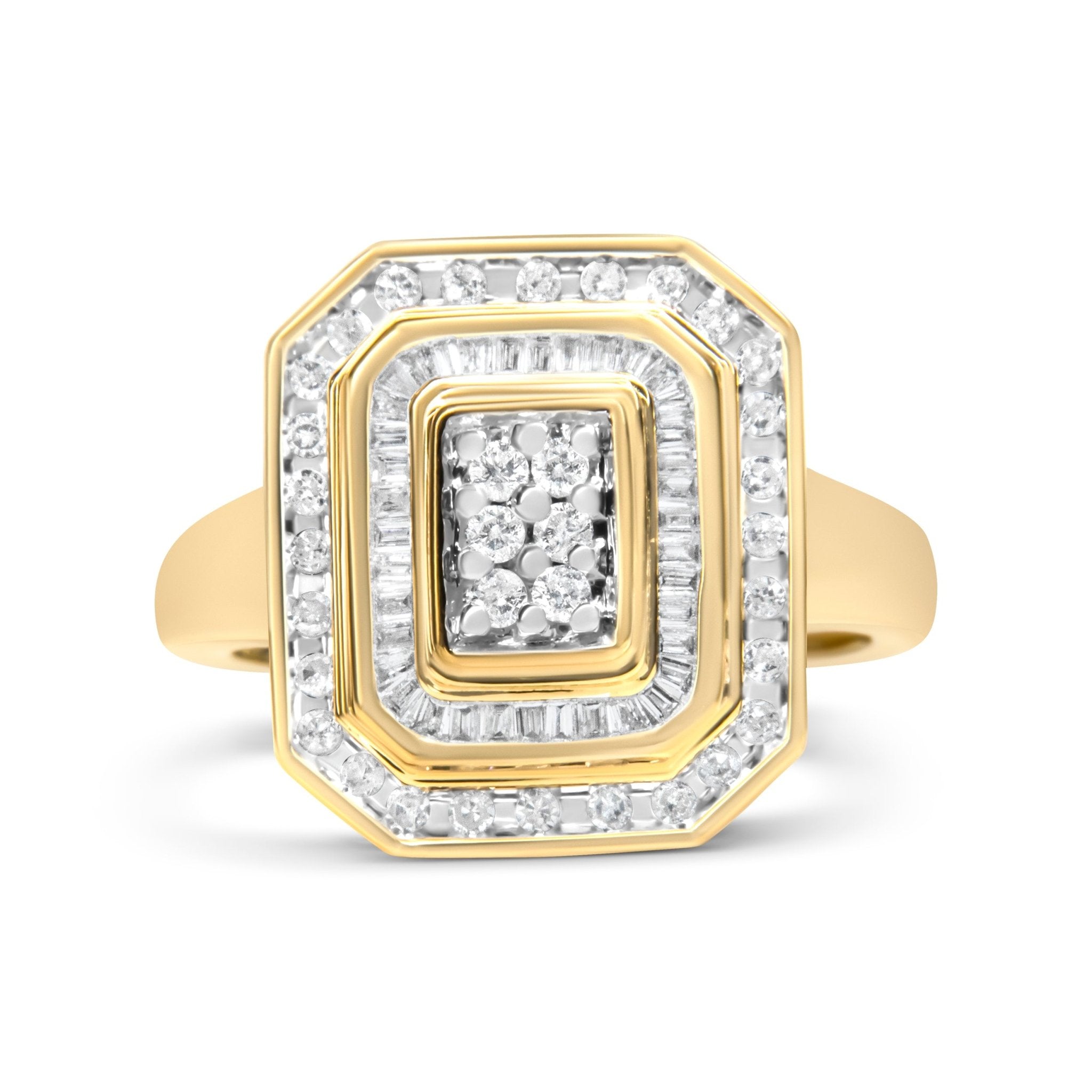 10K Yellow Gold 1.0 Cttw Diamond Vintage Inspired Baguette - Cut Double Halo Emerald - Shaped Frame Cocktail Ring (I - J Color, I1 - I2 Clarity) - Tuesday Morning - Rings