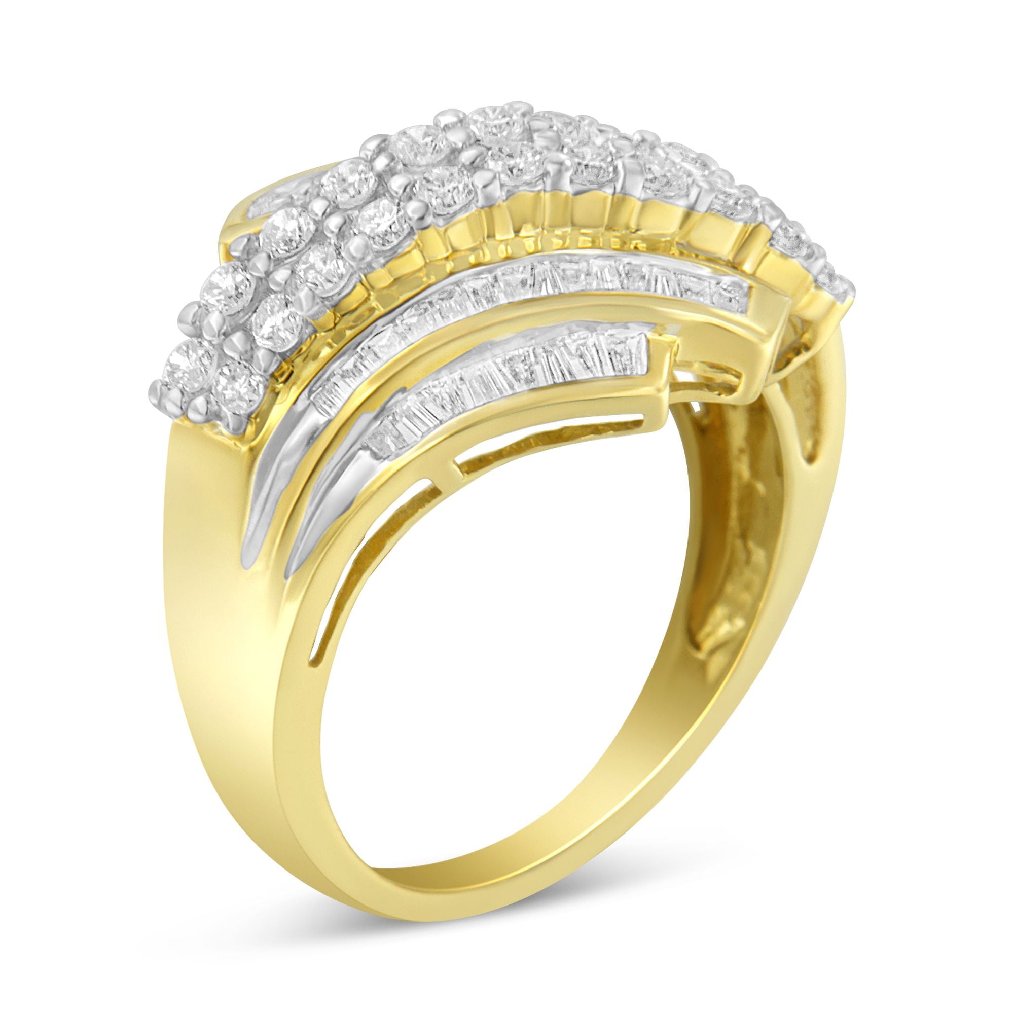 10K Yellow Gold 1.0 Cttw Round & Baguette Cut Diamond 64 Stone Bypass Style Channel Set Modern Statement Ring (H - I Color, SI1 - SI2 Clarity) - Tuesday Morning - Rings