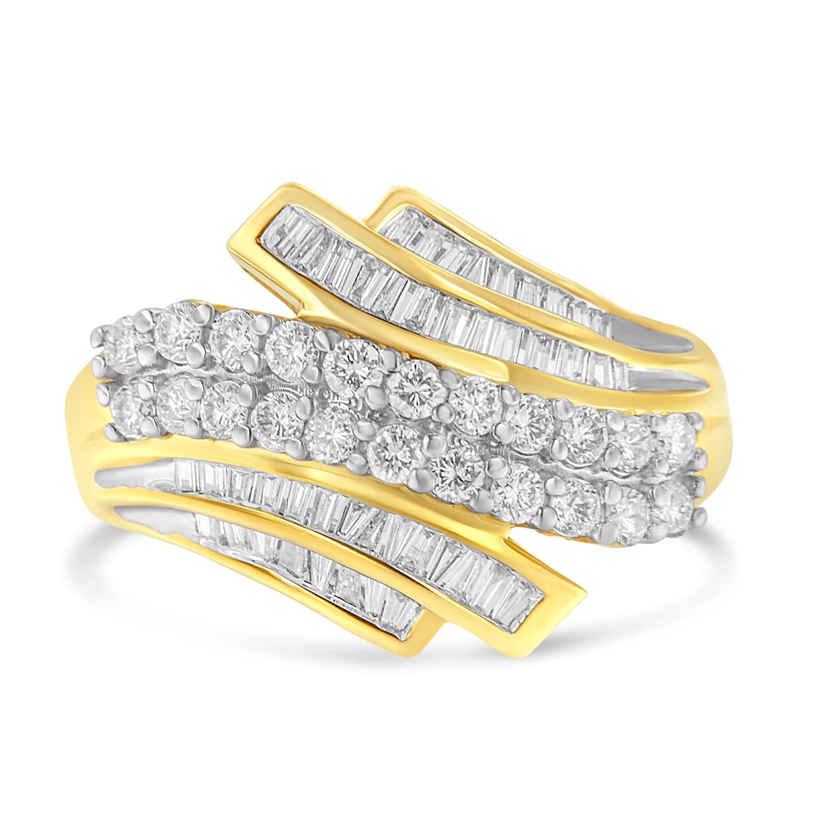 10K Yellow Gold 1.0 Cttw Round & Baguette Cut Diamond 64 Stone Bypass Style Channel Set Modern Statement Ring (H - I Color, SI1 - SI2 Clarity) - Tuesday Morning - Rings