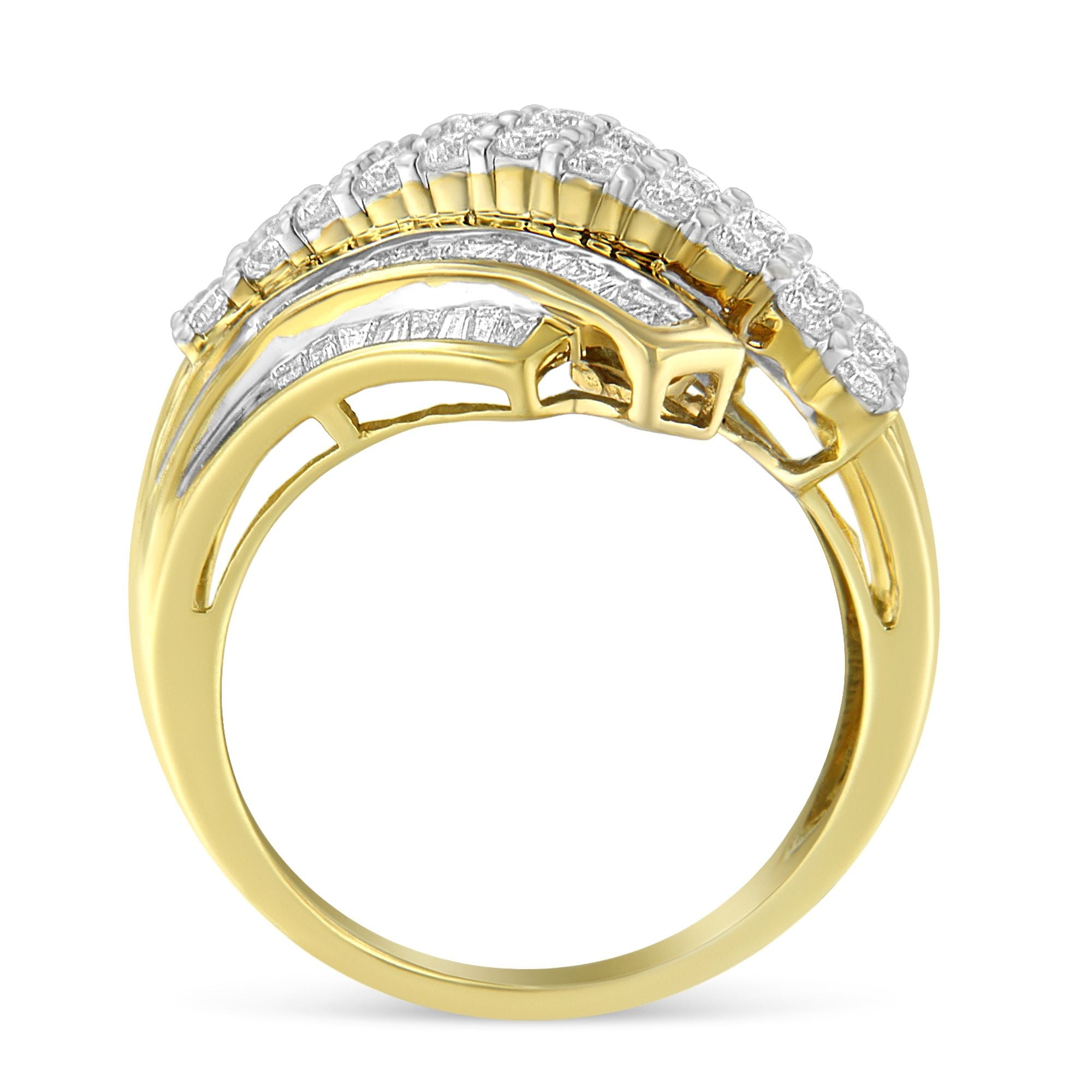 10K Yellow Gold 1.0 Cttw Round & Baguette Cut Diamond 64 Stone Bypass Style Channel Set Modern Statement Ring (H - I Color, SI1 - SI2 Clarity) - Tuesday Morning - Rings