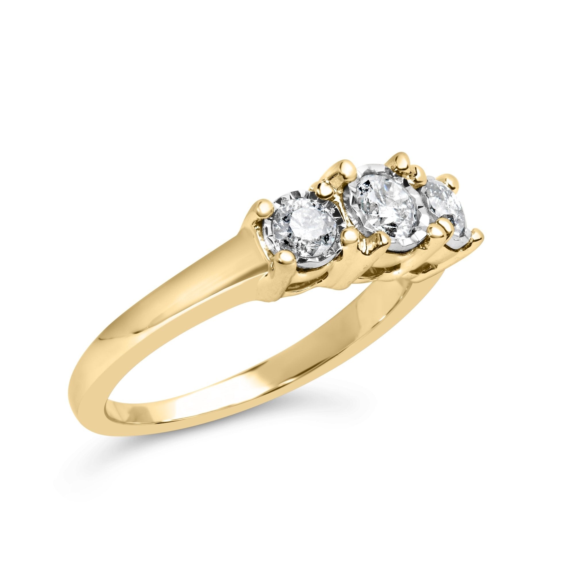 10K Yellow Gold 1/2 Cttw Miracle Set Round Diamond Three Stone Illusion Plate Ring (I - J Color, I2 - I3 Clarity) - Tuesday Morning - Rings