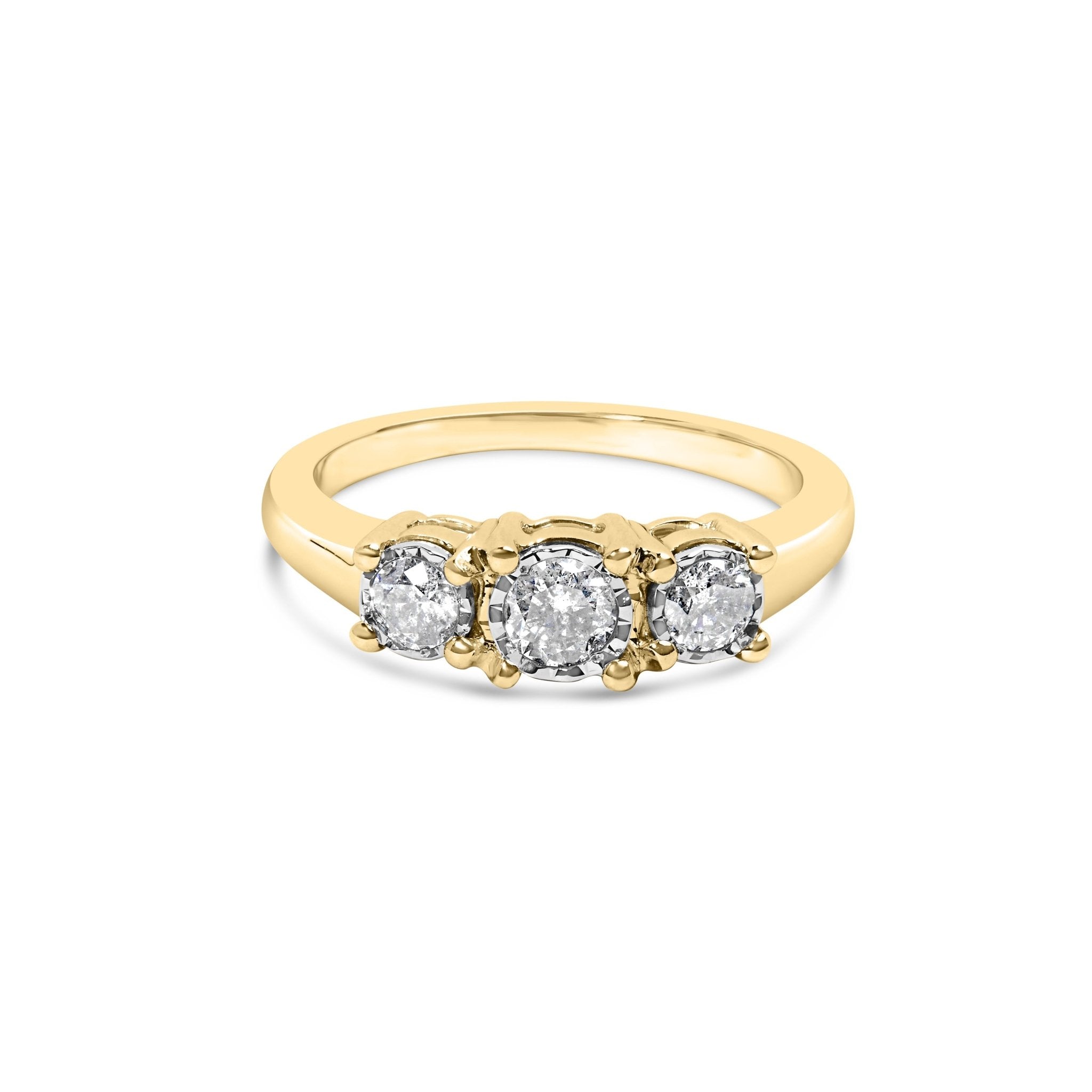 10K Yellow Gold 1/2 Cttw Miracle Set Round Diamond Three Stone Illusion Plate Ring (I - J Color, I2 - I3 Clarity) - Tuesday Morning - Rings