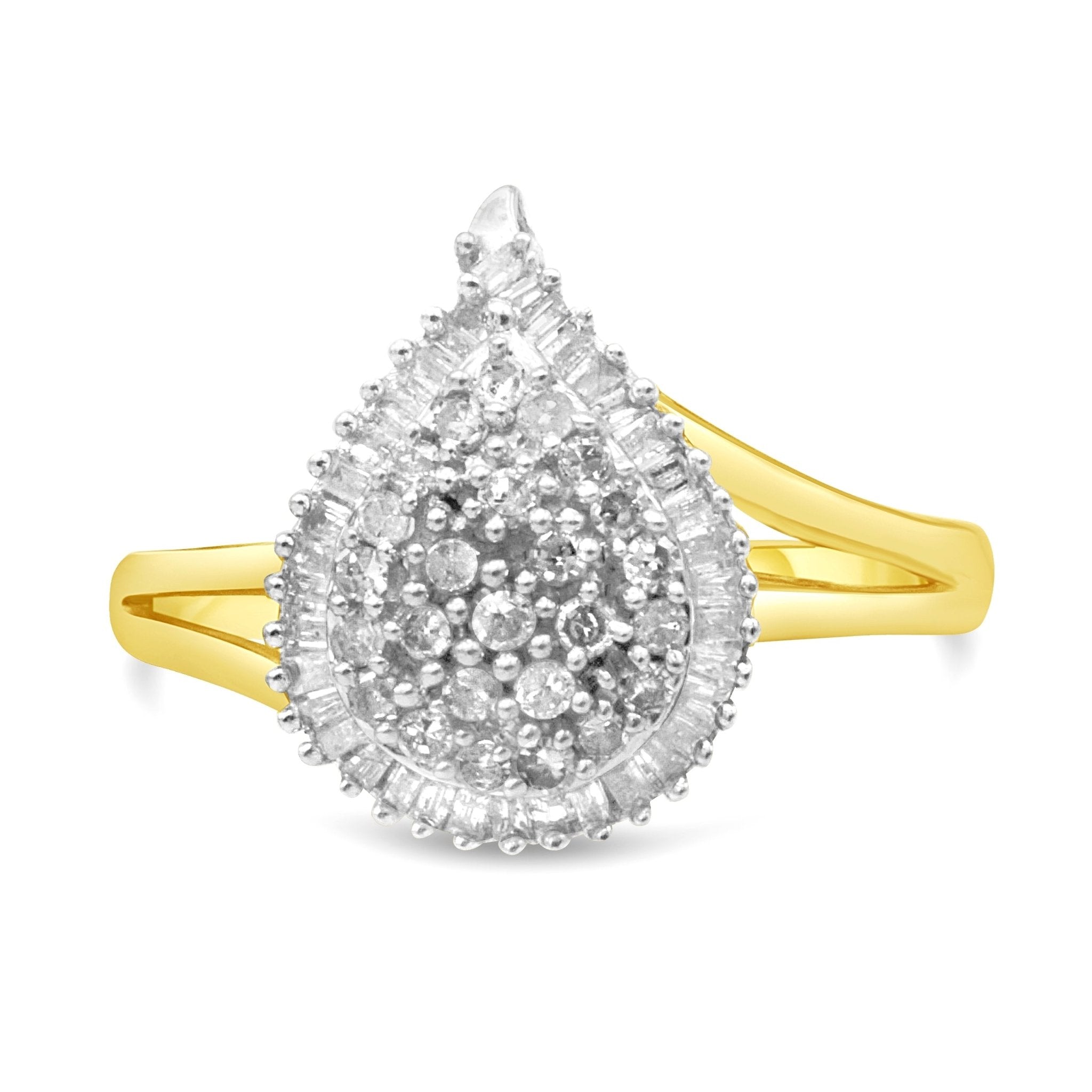 10K Yellow Gold 1/2 Cttw Round and Baguette - Cut Diamond Pear Ring (I - J Color, I1 - I2 Clarity) - Tuesday Morning - Rings