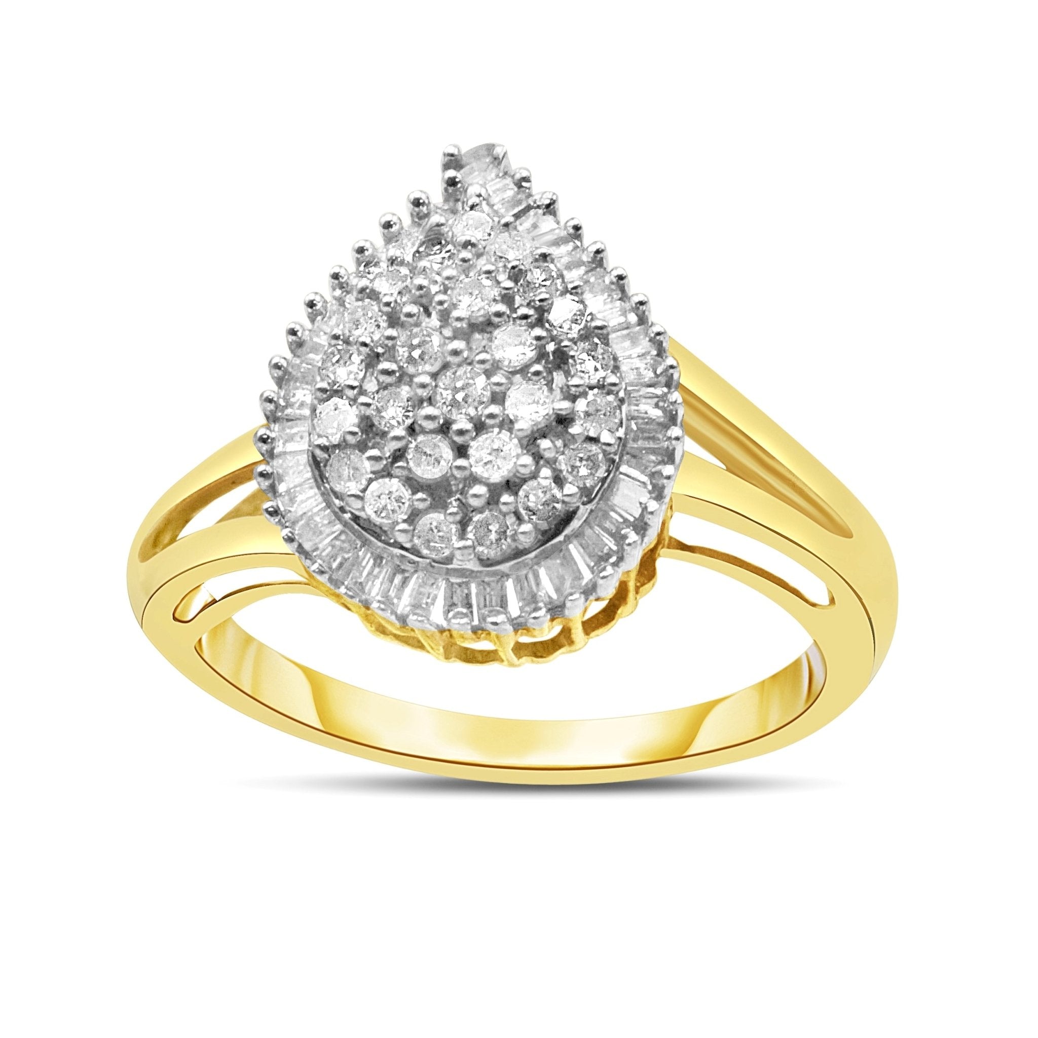 10K Yellow Gold 1/2 Cttw Round and Baguette - Cut Diamond Pear Ring (I - J Color, I1 - I2 Clarity) - Tuesday Morning - Rings