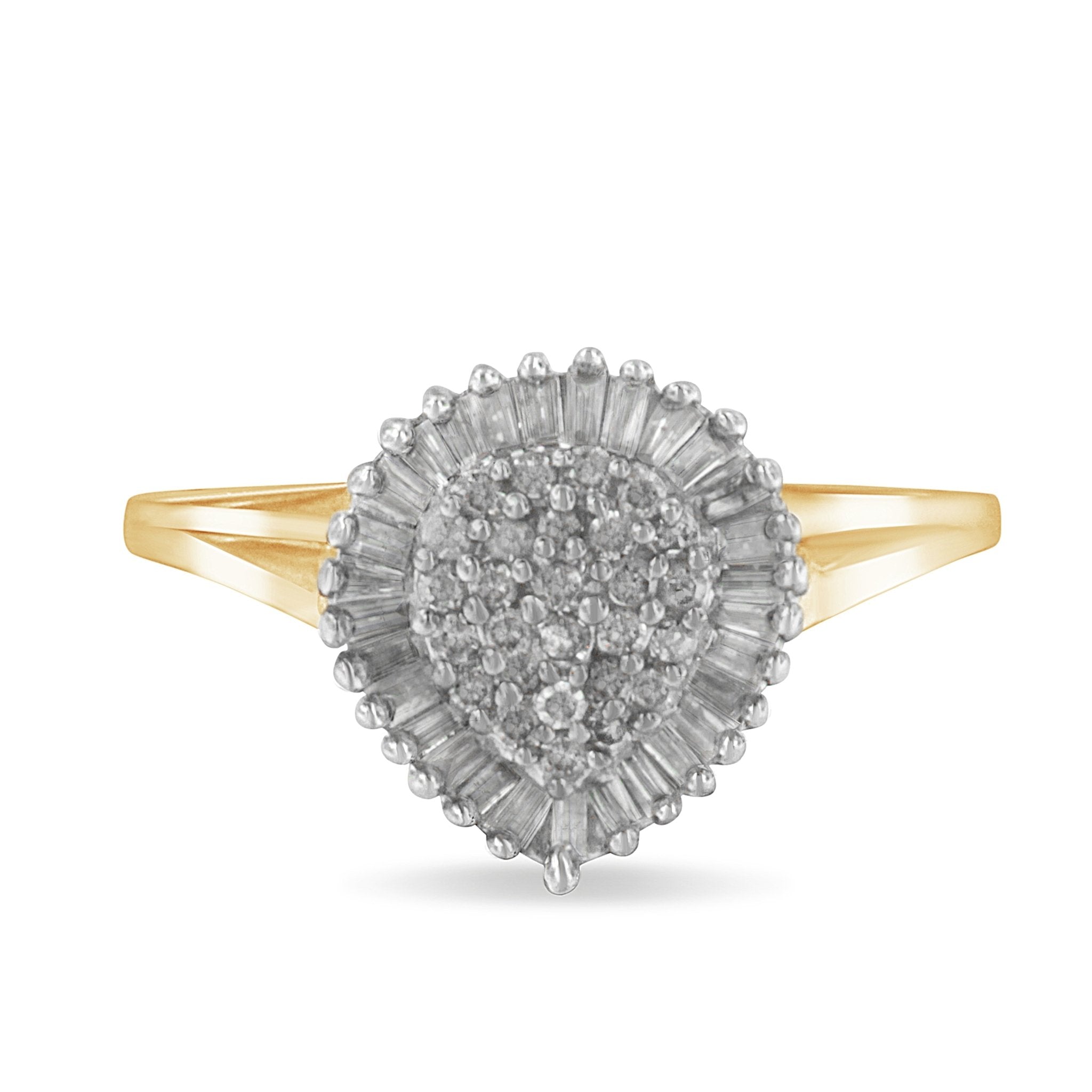 10K Yellow Gold 1/2 Cttw Round & Baguette Cut Diamond Pear Shaped Domed Pavé Cluster with Halo Cocktail Ring (J - K Color, I1 - I2 Clarity) - Tuesday Morning - Rings