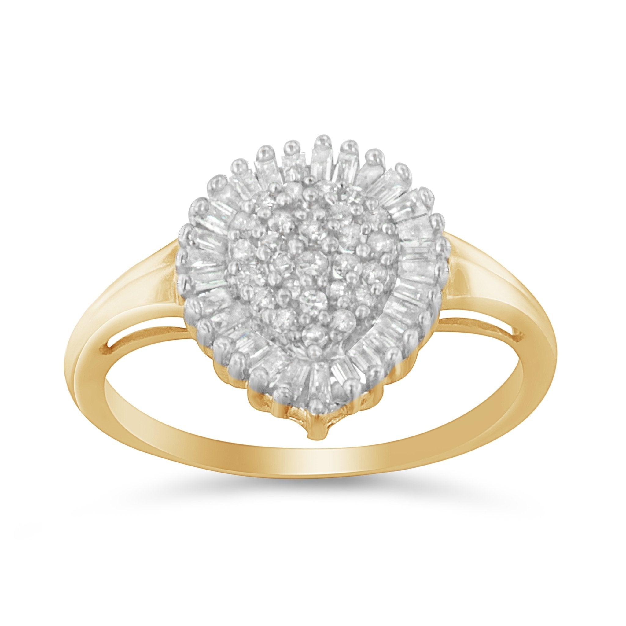 10K Yellow Gold 1/2 Cttw Round & Baguette Cut Diamond Pear Shaped Domed Pavé Cluster with Halo Cocktail Ring (J - K Color, I1 - I2 Clarity) - Tuesday Morning - Rings