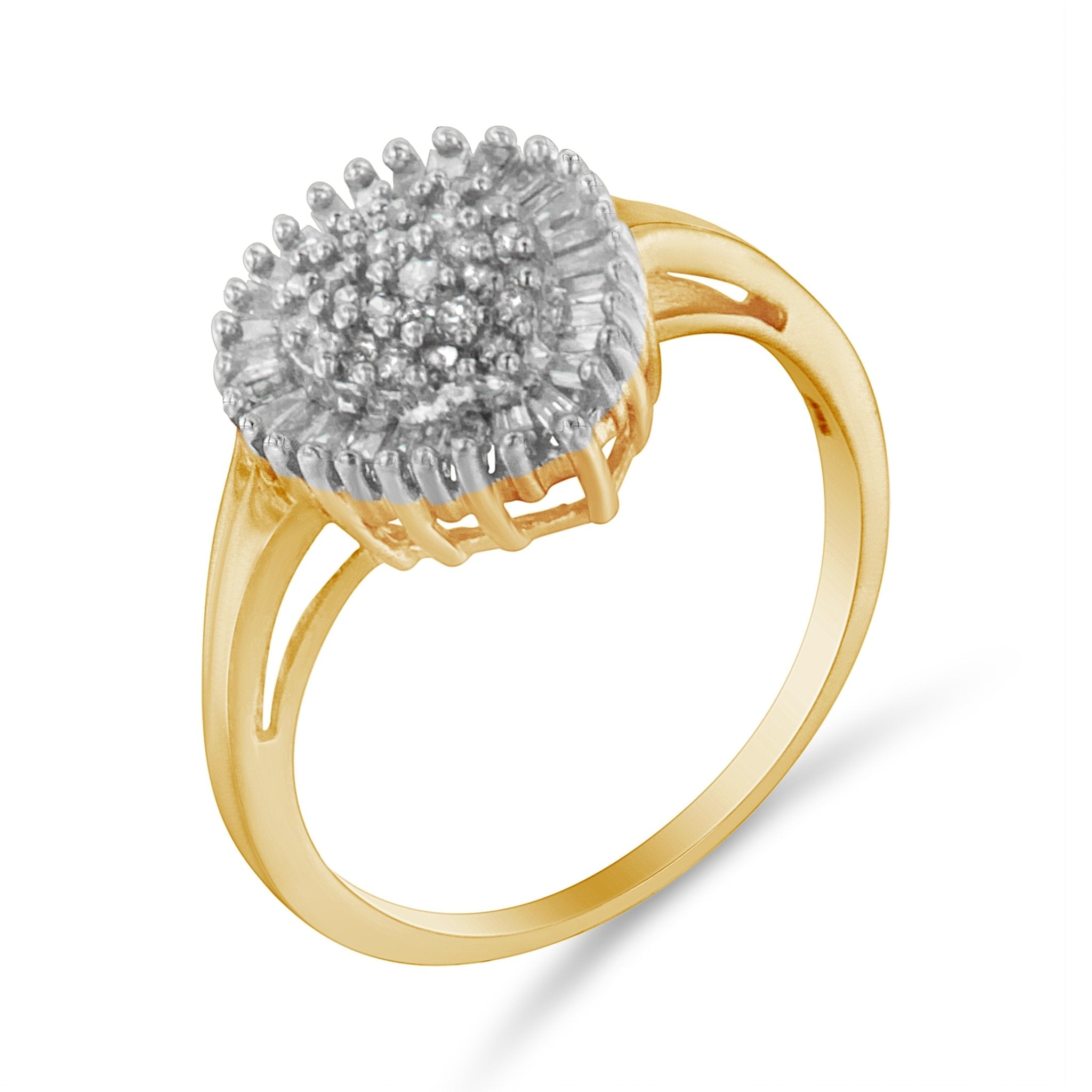 10K Yellow Gold 1/2 Cttw Round & Baguette Cut Diamond Pear Shaped Domed Pavé Cluster with Halo Cocktail Ring (J - K Color, I1 - I2 Clarity) - Tuesday Morning - Rings