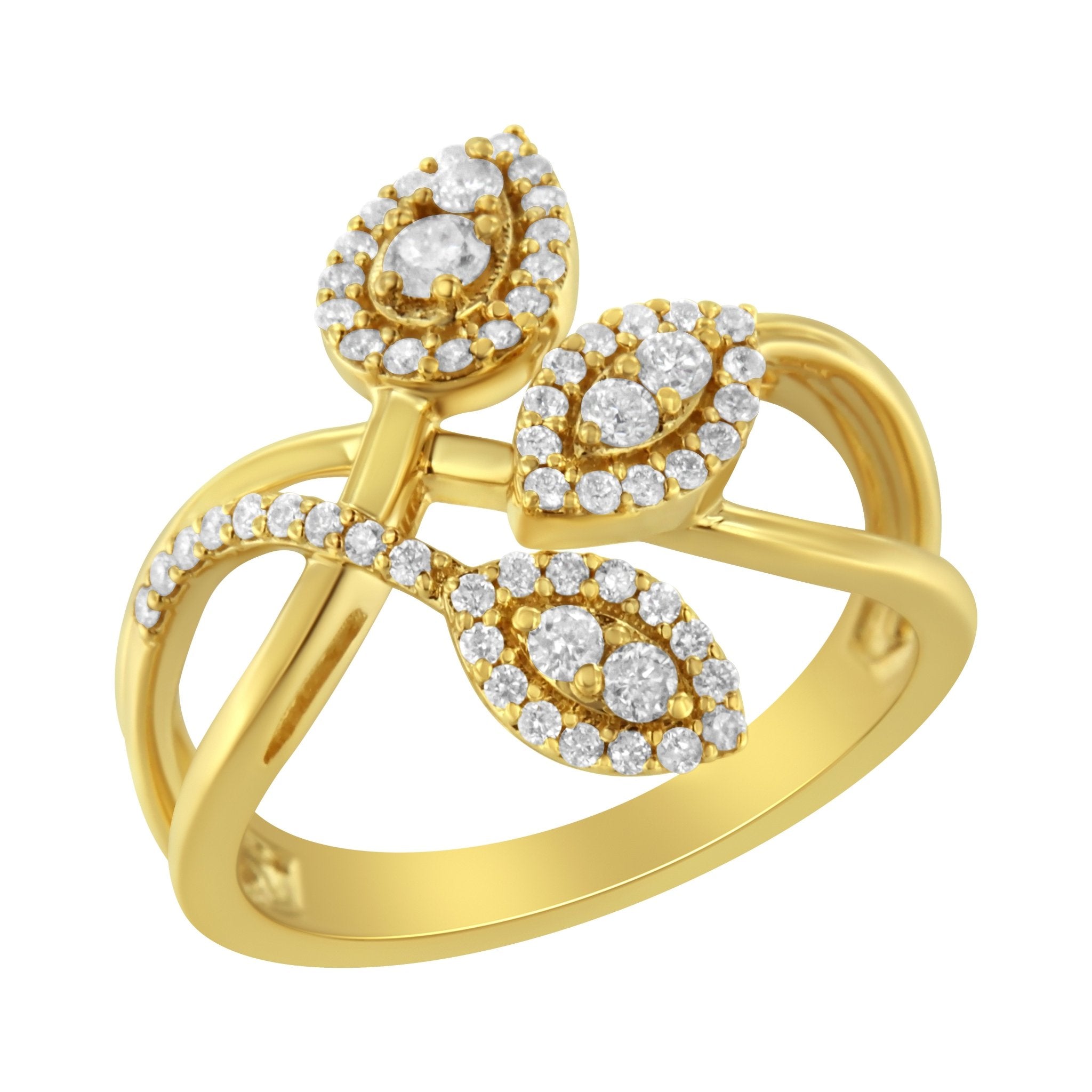 10K Yellow Gold 1/2 Cttw Round - Cut Diamond Layered Crossover Triple Leaf Bypass Ring (I - J Color, I1 - I2 Clarity) - Tuesday Morning - Rings