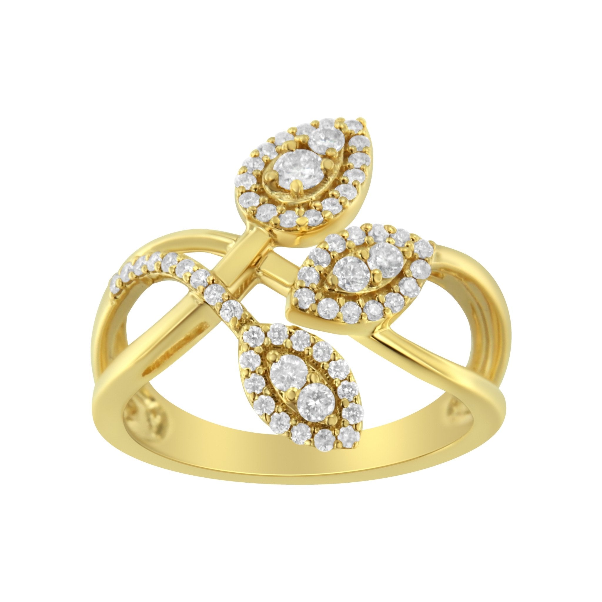 10K Yellow Gold 1/2 Cttw Round - Cut Diamond Layered Crossover Triple Leaf Bypass Ring (I - J Color, I1 - I2 Clarity) - Tuesday Morning - Rings