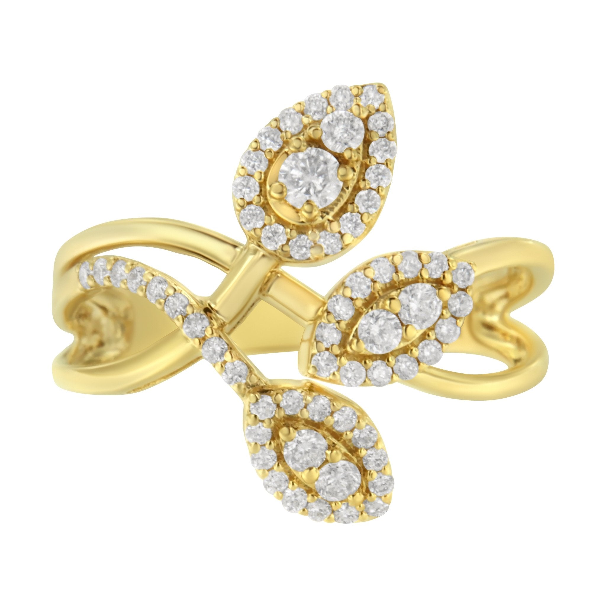 10K Yellow Gold 1/2 Cttw Round - Cut Diamond Layered Crossover Triple Leaf Bypass Ring (I - J Color, I1 - I2 Clarity) - Tuesday Morning - Rings