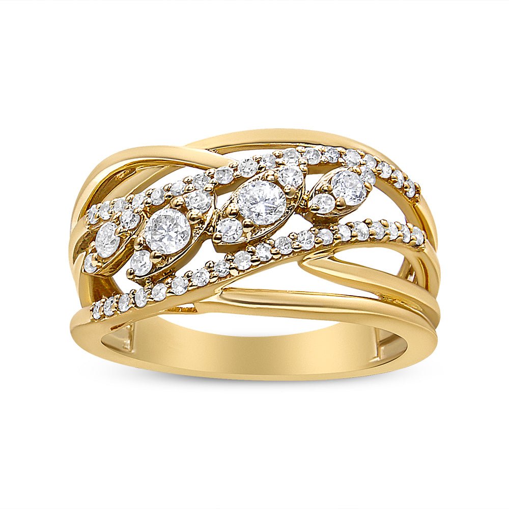 10K Yellow Gold 1/2 Cttw Round - Cut Multi Row Diamond Split Shank Cocktail Ring (H - I Color, SI2 - I1 Clarity) - Tuesday Morning - Rings