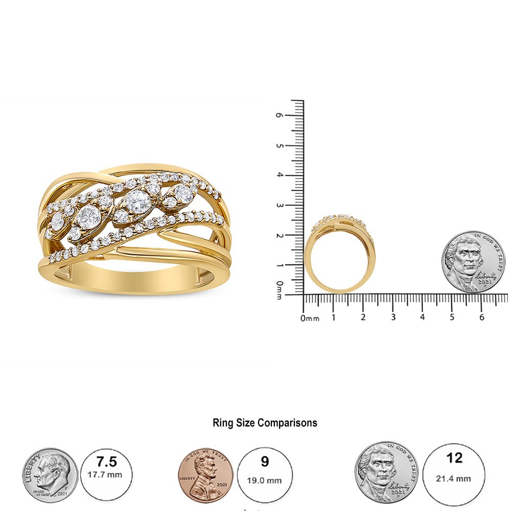 10K Yellow Gold 1/2 Cttw Round - Cut Multi Row Diamond Split Shank Cocktail Ring (H - I Color, SI2 - I1 Clarity) - Tuesday Morning - Rings