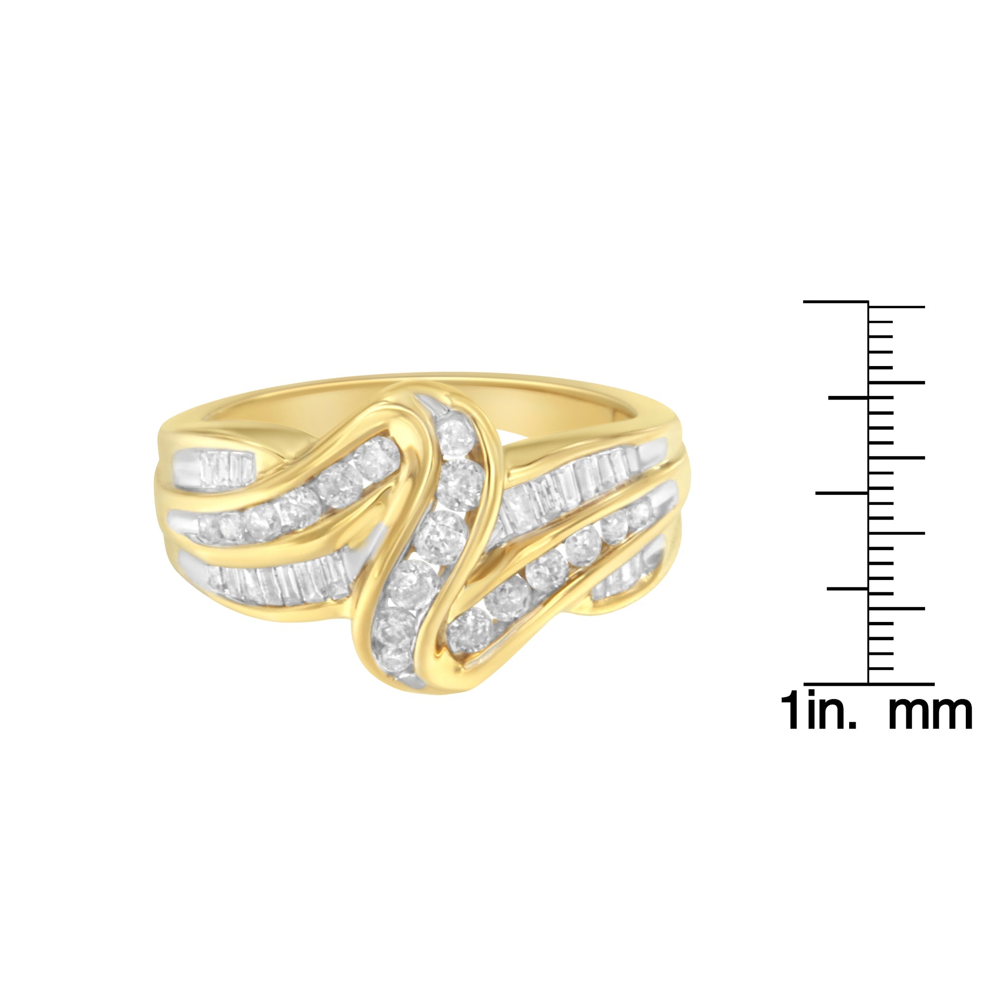 10K Yellow Gold 3/4 Cttw Channel Set Round and Baguette - cut Diamond Double Shank Bypass Ring (J - K Color, I1 - I2 Clarity) - Tuesday Morning - Rings