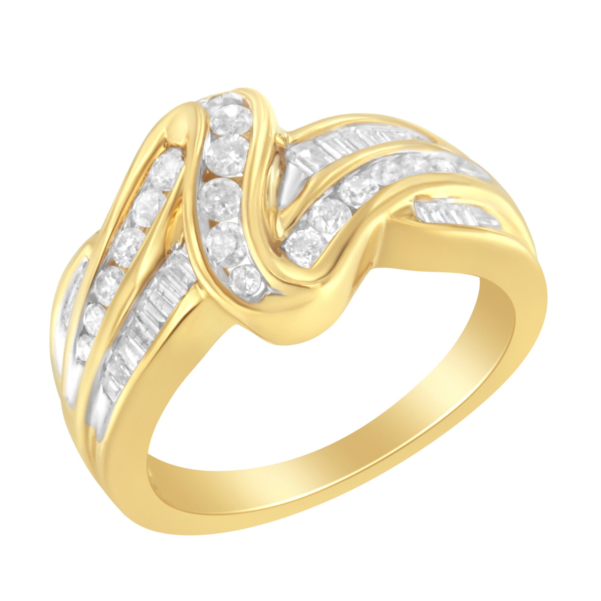 10K Yellow Gold 3/4 Cttw Channel Set Round and Baguette - cut Diamond Double Shank Bypass Ring (J - K Color, I1 - I2 Clarity) - Tuesday Morning - Rings