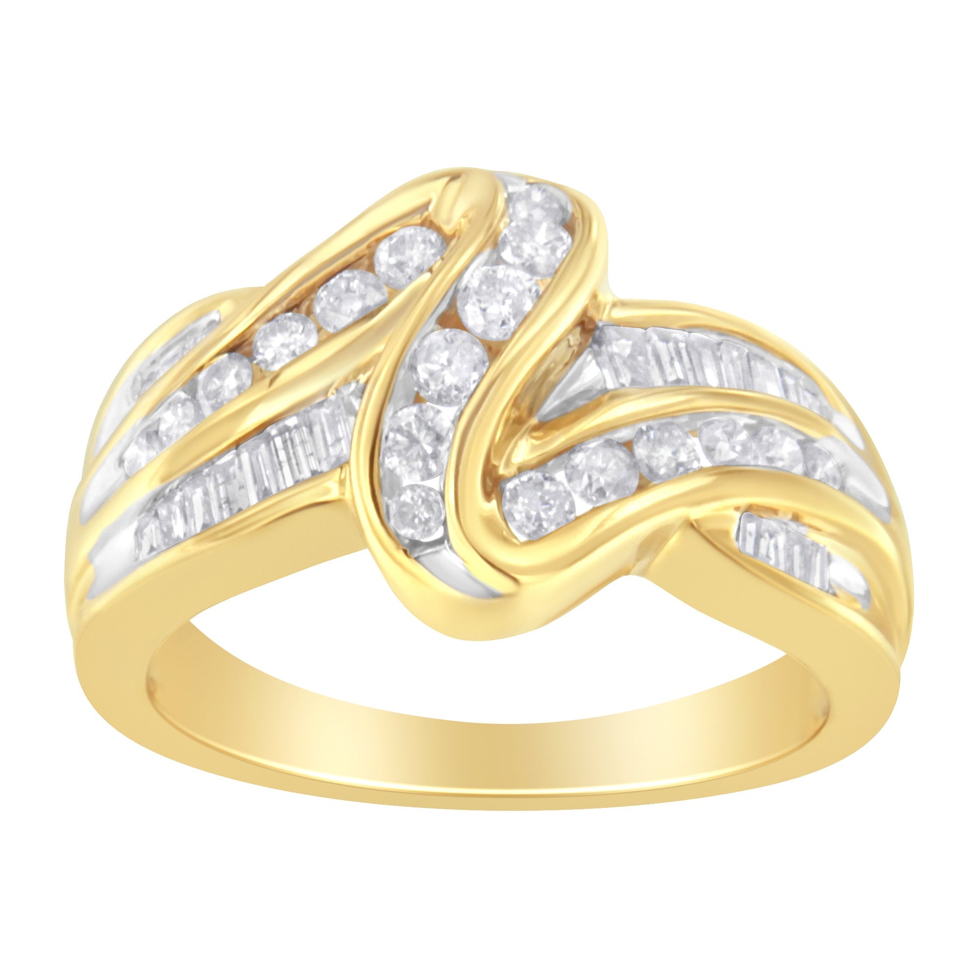 10K Yellow Gold 3/4 Cttw Channel Set Round and Baguette - cut Diamond Double Shank Bypass Ring (J - K Color, I1 - I2 Clarity) - Tuesday Morning - Rings