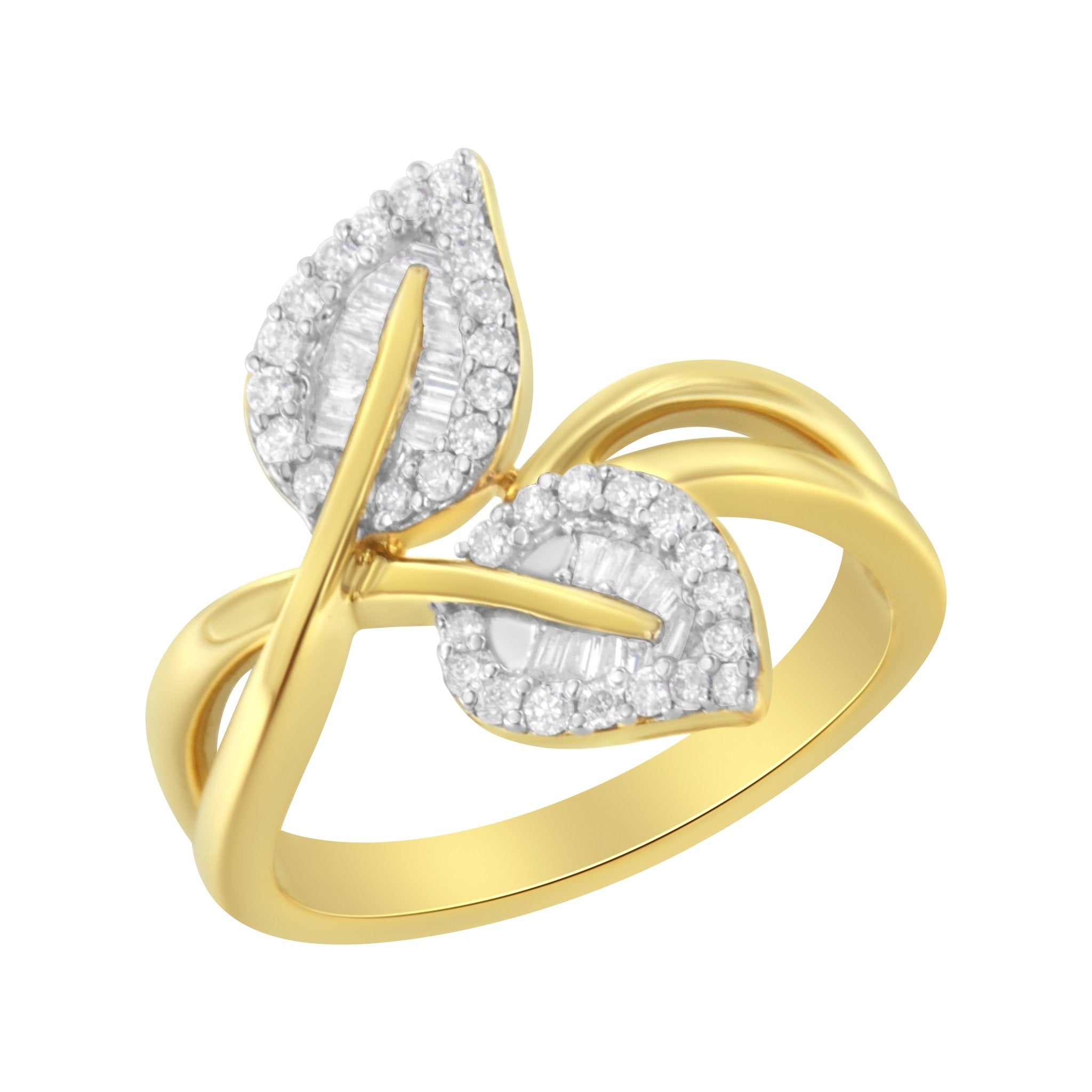 10K Yellow Gold 3/8 Cttw Round and Baguette - Cut Diamond Leaf Cocktail Ring (I - J Color, I1 - I2 Clarity) - Tuesday Morning - Rings